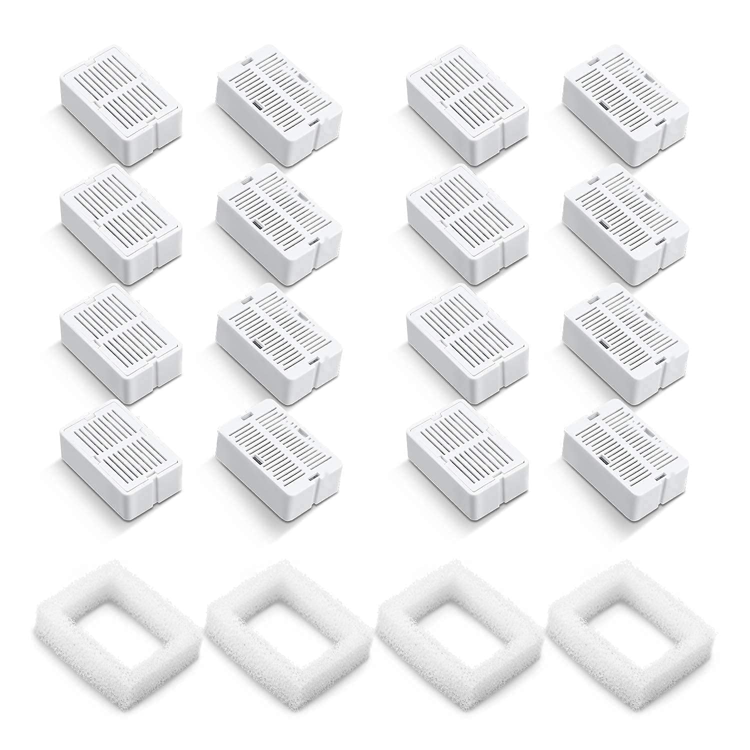 Vindox Pet Fountain Replacement Filters, 16 Cat Fountain Carbon Filters And 4 Foam Pre-Filters For Ceramic/Cupcake Pet Fountain Pet Drinking Fountain Porcelain (16 Packs)