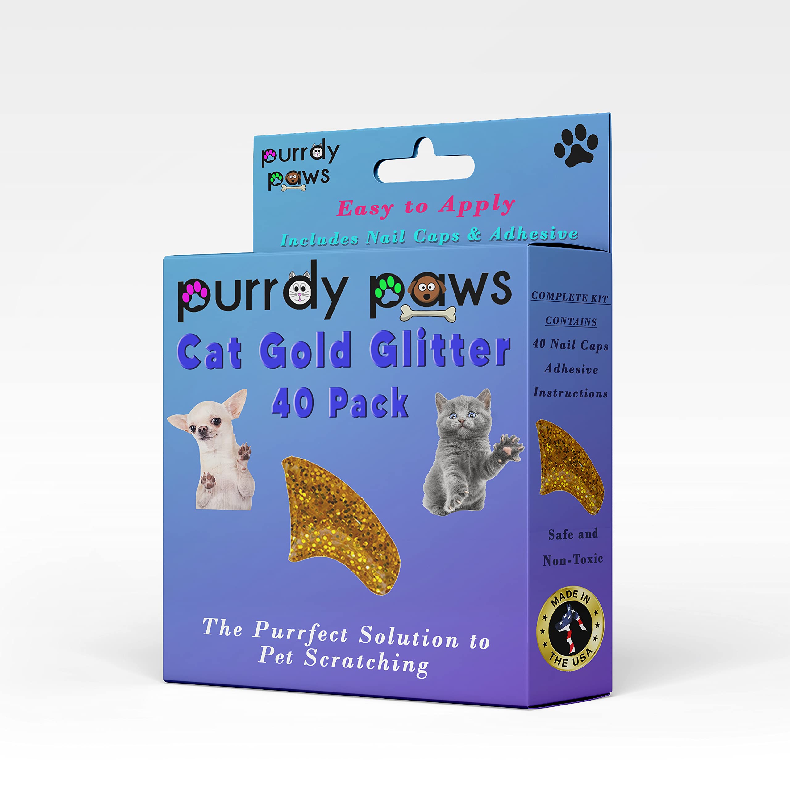 Purrdy Paws 40 Pack Soft Nail Caps For Cat Claws Gold Glitter Kitten