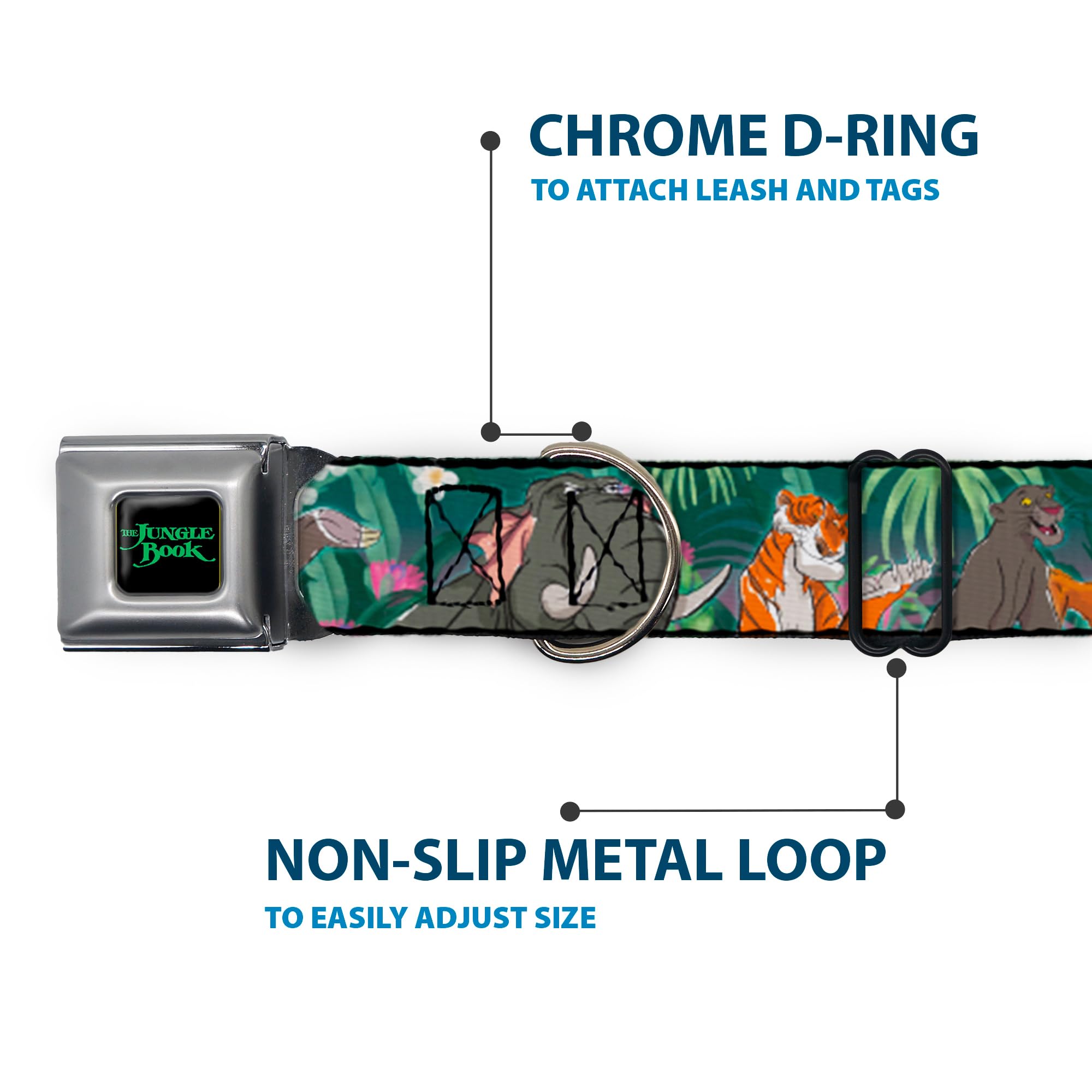 Buckle-Down Dog Collar Seatbelt Buckle The Jungle Book 8 Character Group Greens, Multicolor, 1.5'' Wide - Fits 18-32'' Neck - La