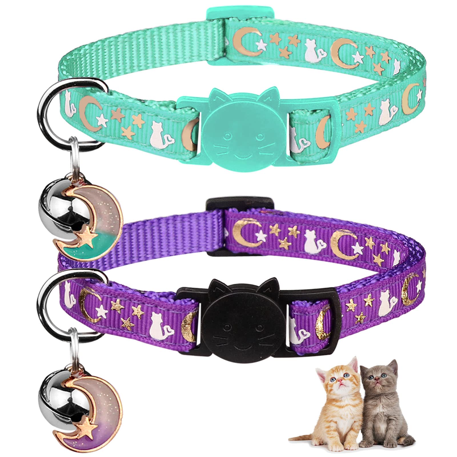 2Pcs Breakaway Cat Collars With Bell Moons Stars Cute Kitty Adjustable Safe Kitten Collars With Pendant Glow In The Dark(Purple&