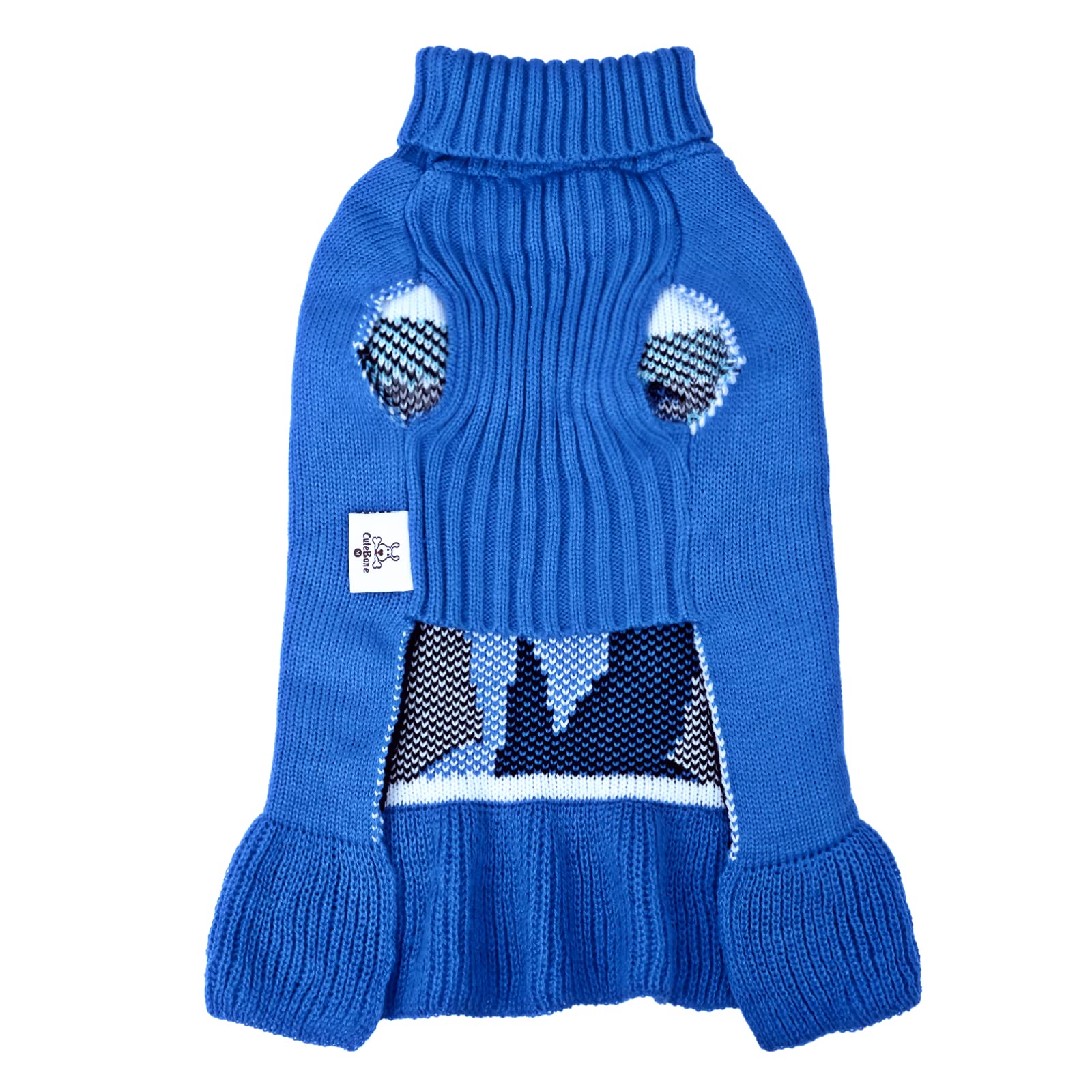 Cutebone Blue Dog Sweater Dress Penguin Pattern Knit Turtleneck Puppy Sweater With Craft Pom Pom Ball Pullover Ruffle Dress For