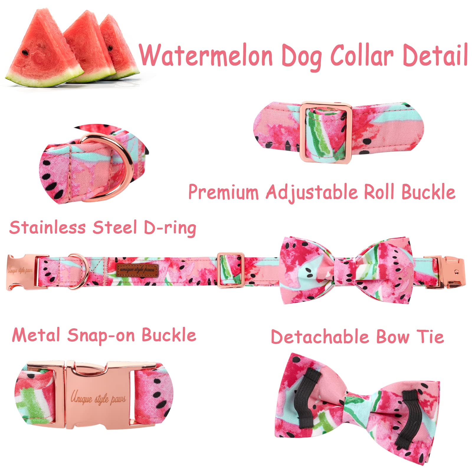 Unique Style Paws Bowtie Dog Collar Cotton Watermelon Collar Adjustable Summer Collar For Small Medium Large Dogs - Xl
