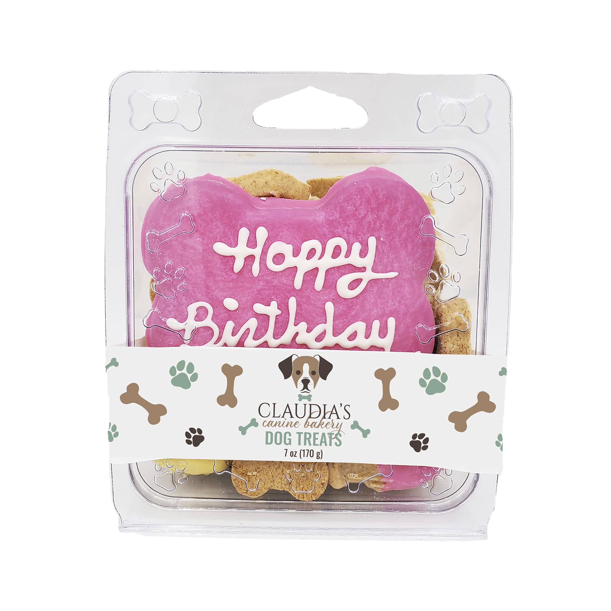 Claudias Canine Bakery Pink Happy Birthday Dog Cookie Clamshell, 7 Ounces, Baked in The USA