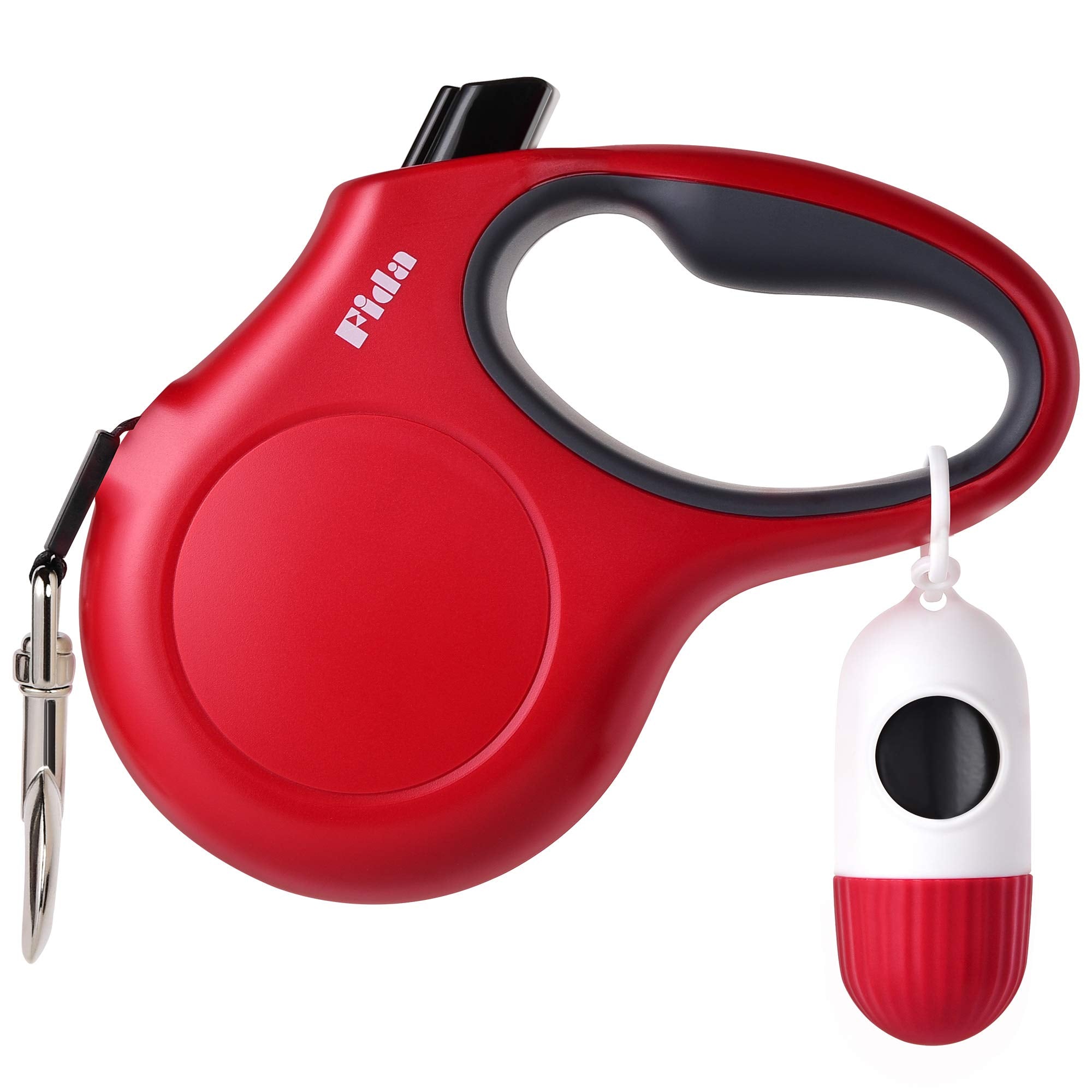Fida Retractable Dog Leash With Dispenser And Poop Bags, 16 Ft Pet Walking Leash For Medium Dog Or Cat Up To 44 Lbs, Anti-Slip Handle, Tangle Free, Reflective Nylon Tape (M, Red)