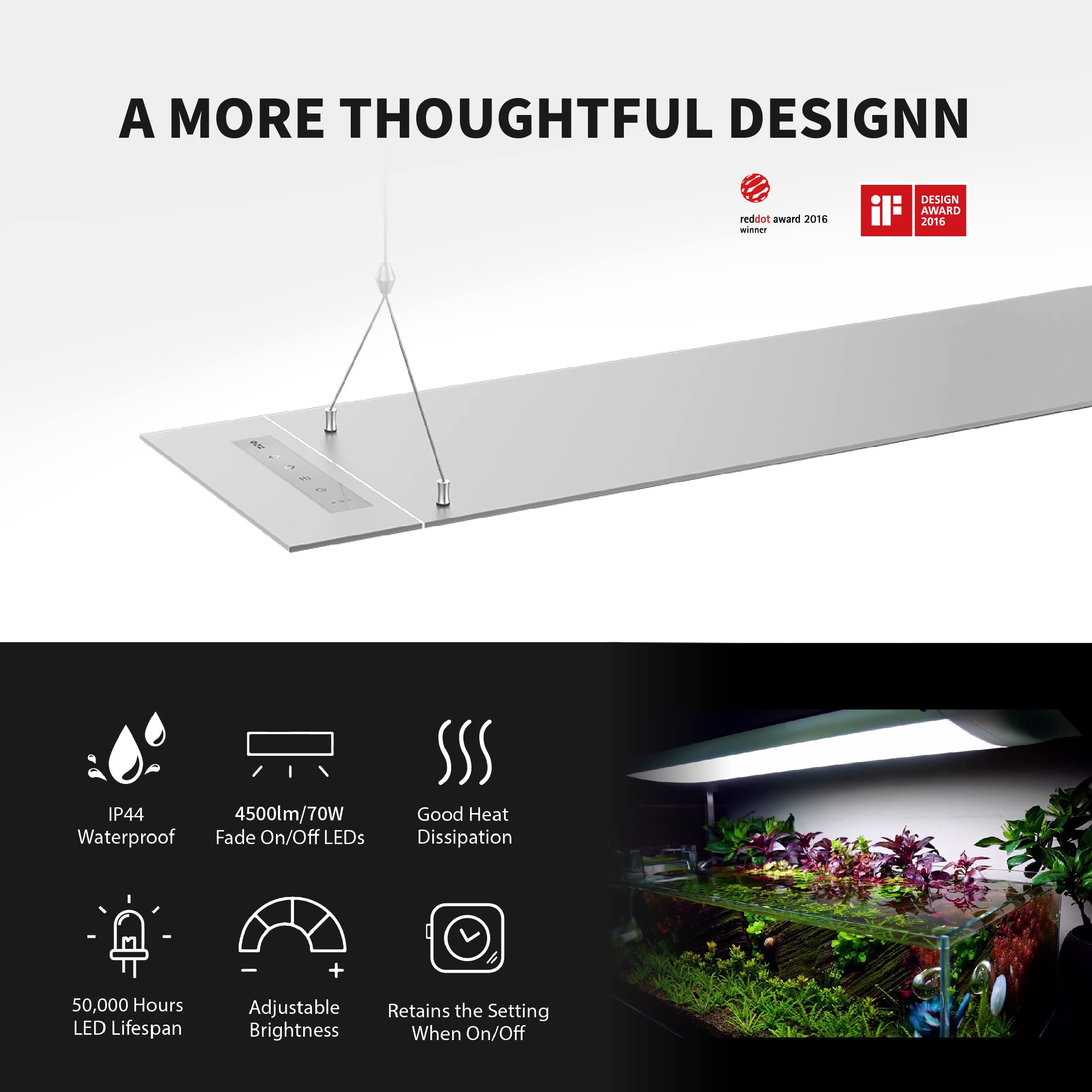 ONF 24-Inch Flat One+ Automated LED Aquarium Light, 6500-20500K, Mobile APP Controlled, Dimmable, Blue-White, Aluminum