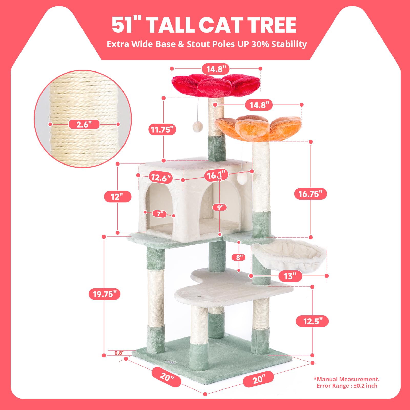Hyabi 48 Inch Modern Cat Tree Tower With Hanging Basket & Flower Design - Multi-Level Cat Furniture With Plush Perches, Scratch Posts, Toy Balls - Stylish Indoor Playhouse For Cats & Kittens