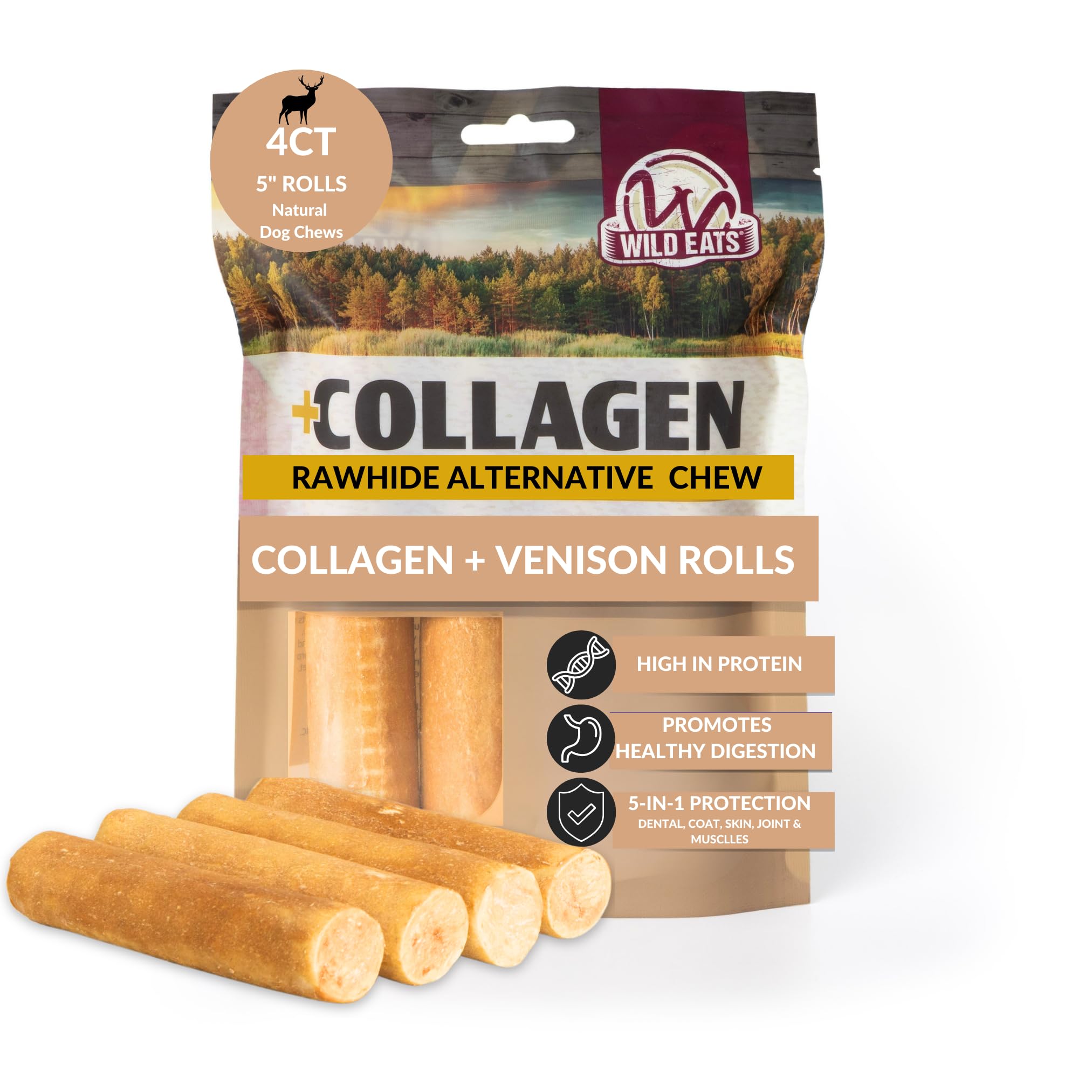 Wild Eats Venison Flavor Collagen Retriever Style Cheek Rolls 5 Dog Chews-4 Pack (Long Lasting Dog Chews Treats & Bones for Medi