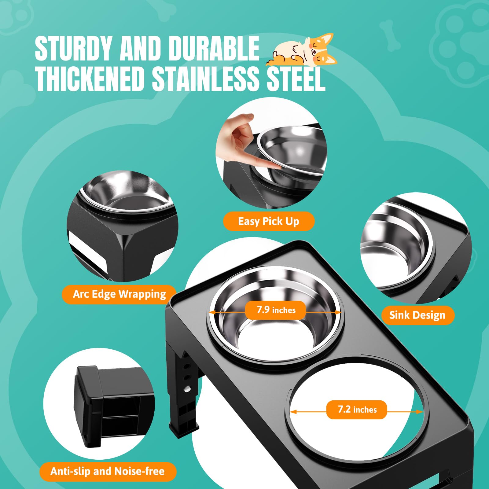 Elevated Dog Bowls Stand Adjustable 5 Heights, 45Cm Foldable Dog Feeding Station With 2 Stainless Steel Bowls, Pet Bowl Elevated