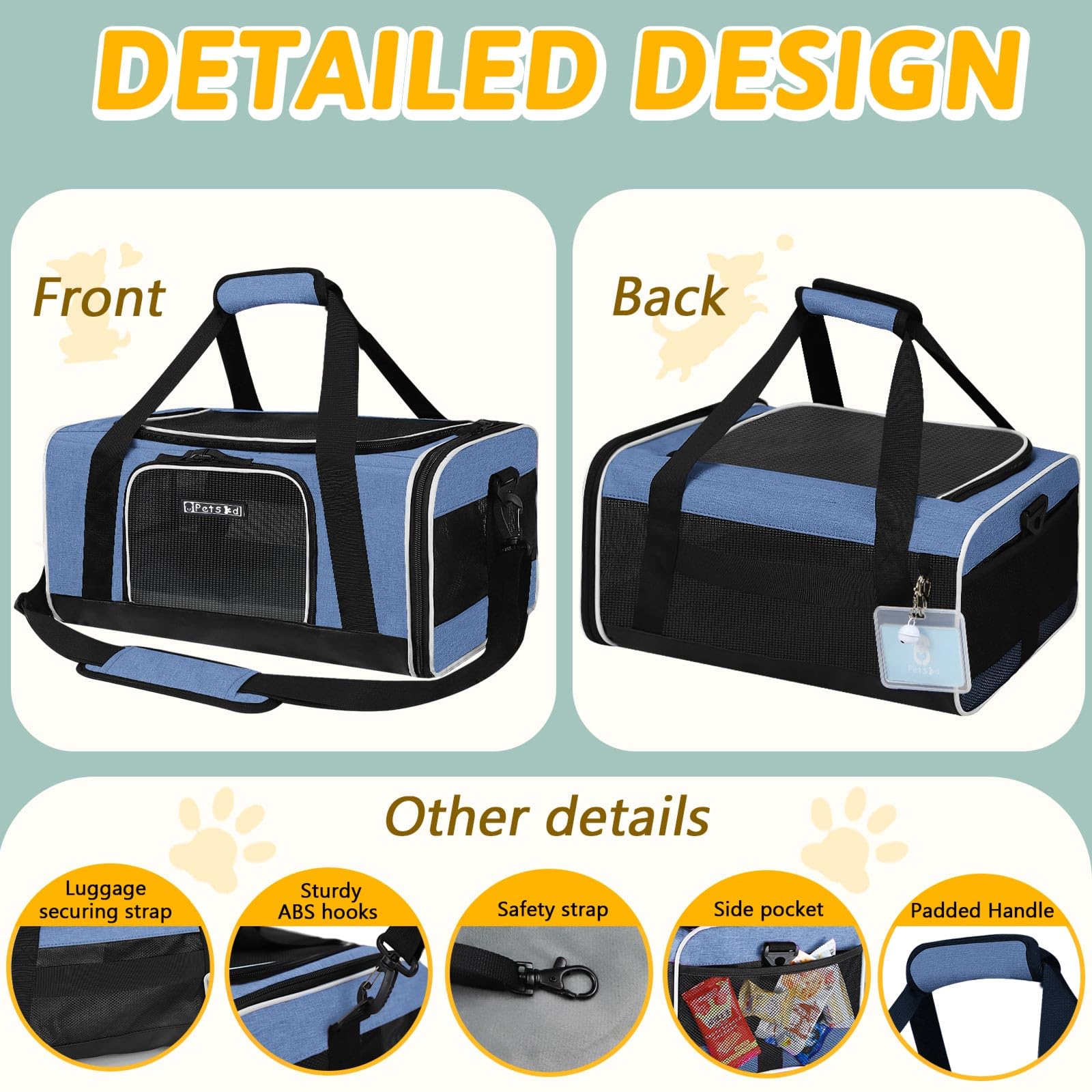 Petskd Pet Carrier 17X11X9.5 Alaska Airline Approved,Pet Travel Carrier Bag For Small Cats And Dogs, Soft Dog Carrier For 1-10 Lbs Pets,Dog Cat Carrier With Safety Lock Zipper(Blue)