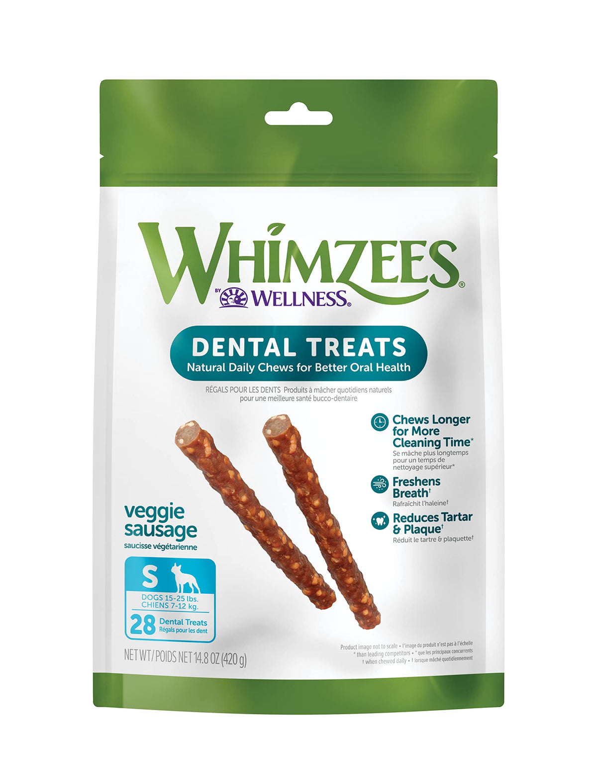 Whimzees Natural Grain Free Daily Dental Long Lasting Dog Treats, Veggie Sausage, Small, Bag Of 28