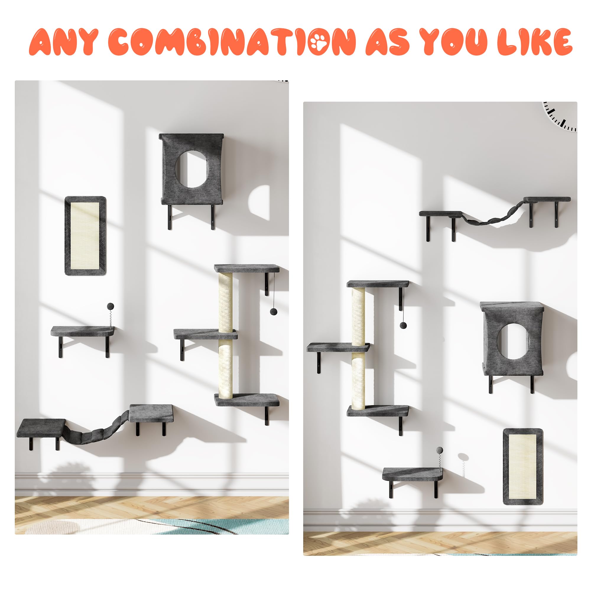 Nunu Lab Cat Wall Shelves, 5Pc Wall Mounted Cat Climber, Floating Perch, Bridge,Tree, House, Modern Indoor Cat Furniture For Kit