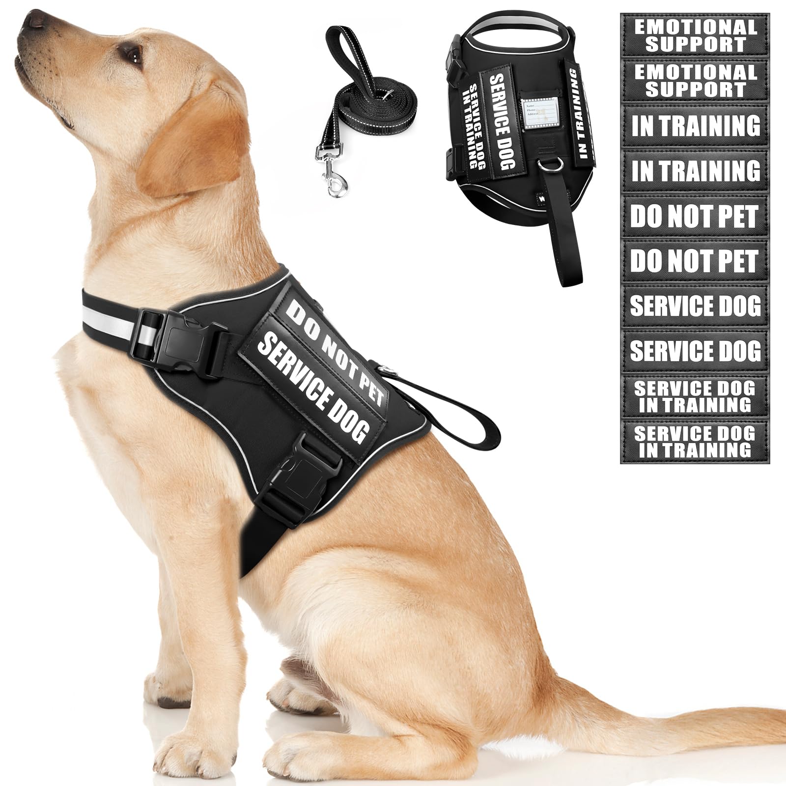 Winsee Service Dog Harness & Leash Set, Large, Black With 10 Patches, Reflective, Adjustable, For Medium & Large Dogs