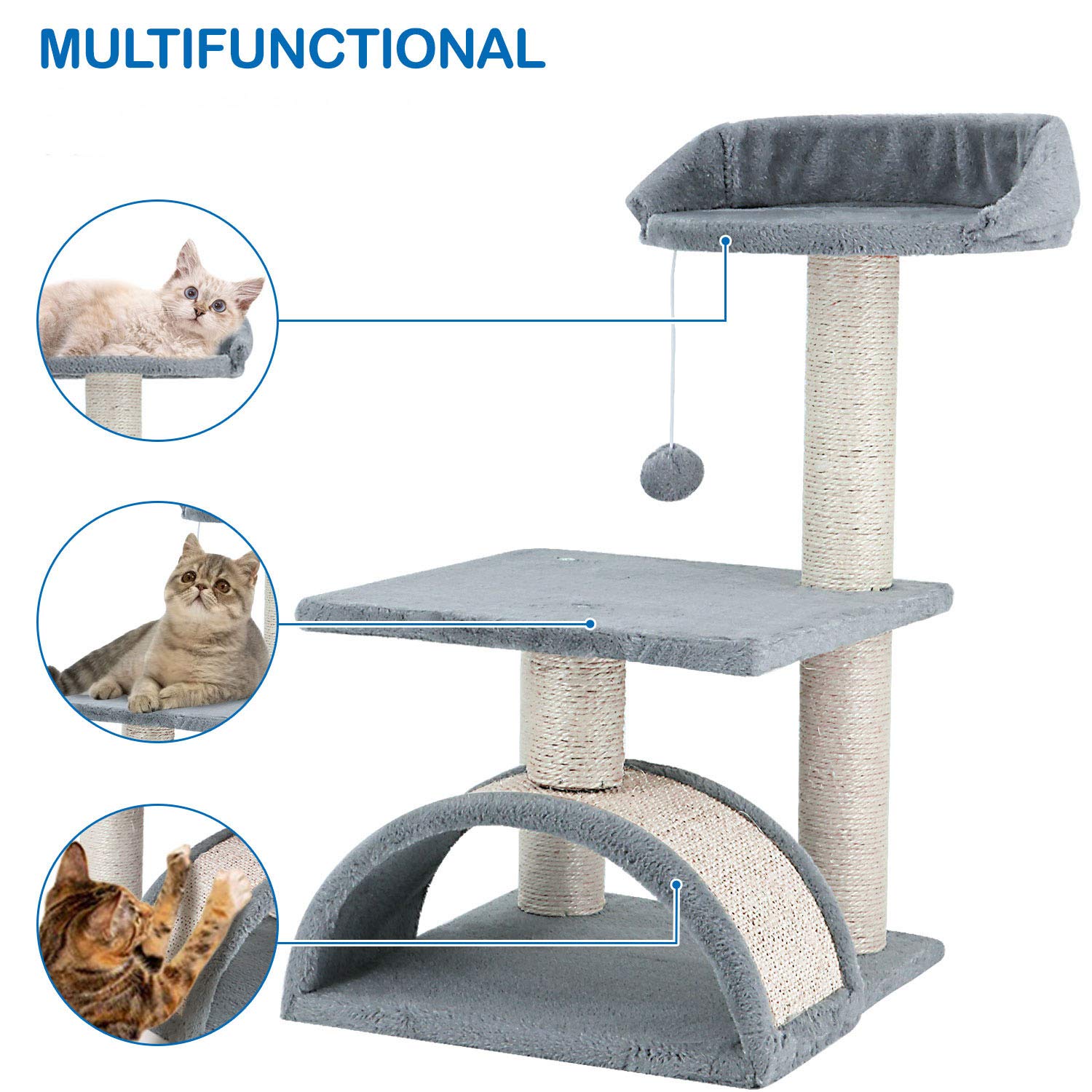 Tree Condo With Scratching Post, Cat Tower Pet Play House With Toy,24.4 Inch(62Cm), Grey