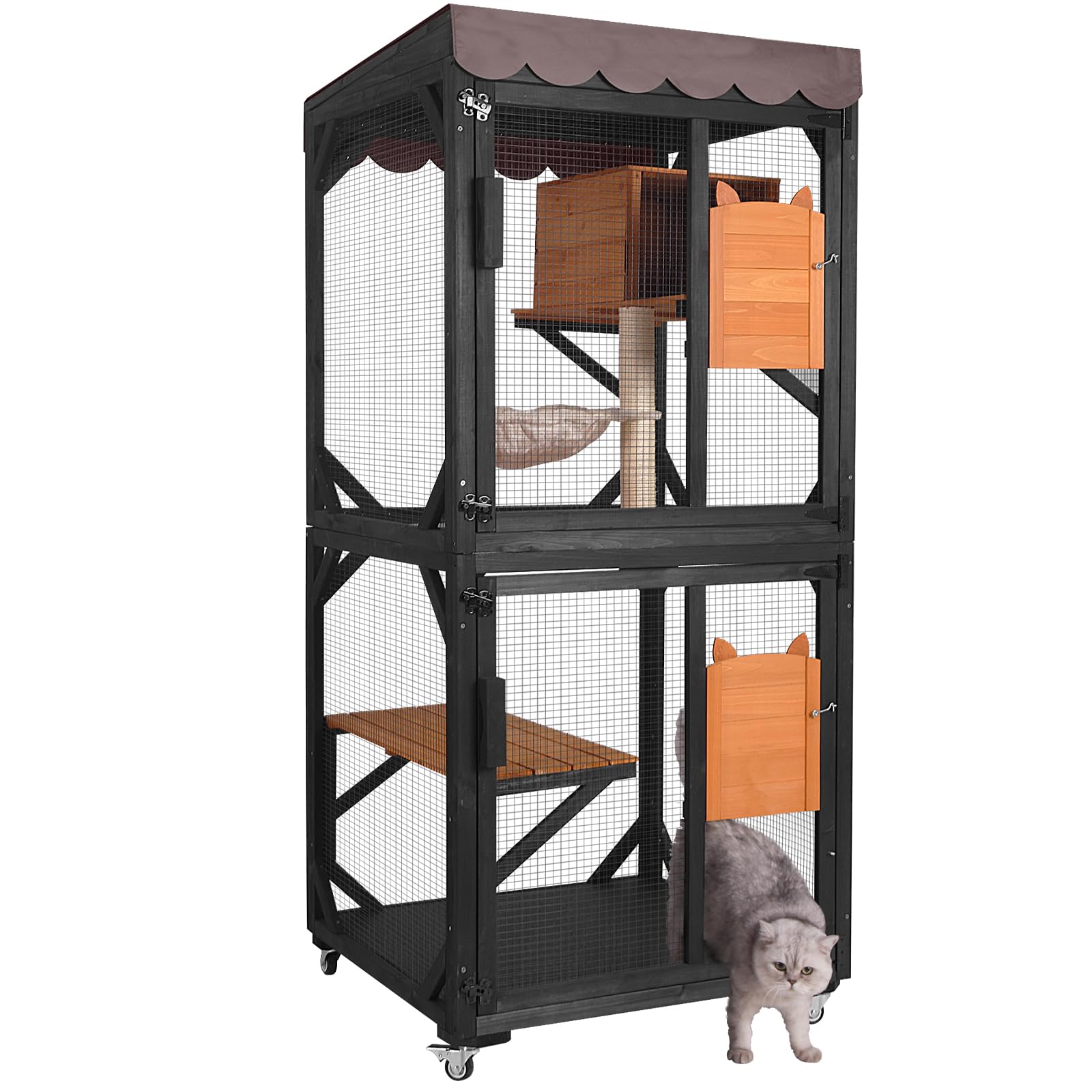Aivituvin Outdoor Catio Cat Enclosures On Wheels Cat House 70.9'' Large Kitty House With Upgraded Resting Box,Waterproof Roof Co