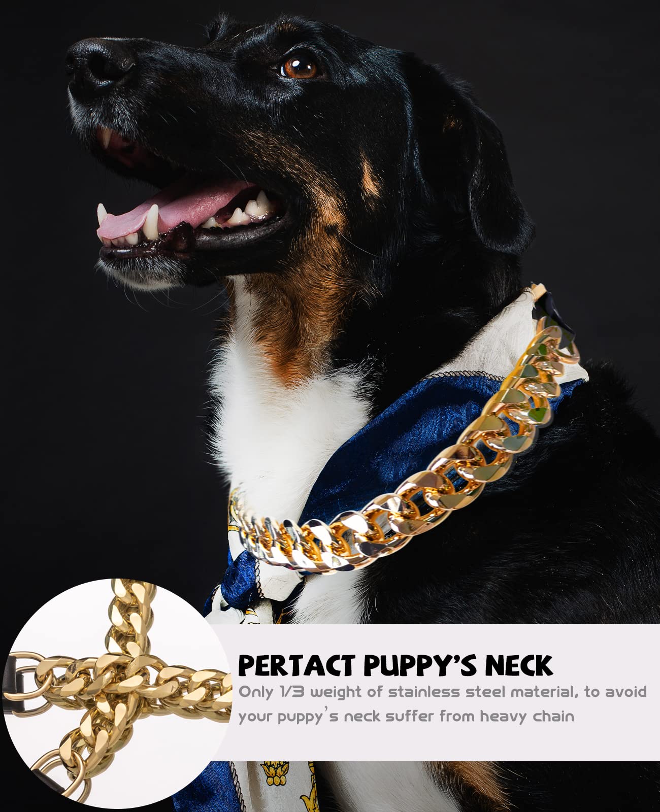 Gold Chain Dog Collar - 7/8 Inch Wide Metal Cuban Link Dog Necklace With Leather Belt, Lightweight Protect Puppy'S Neck, Cute Fa