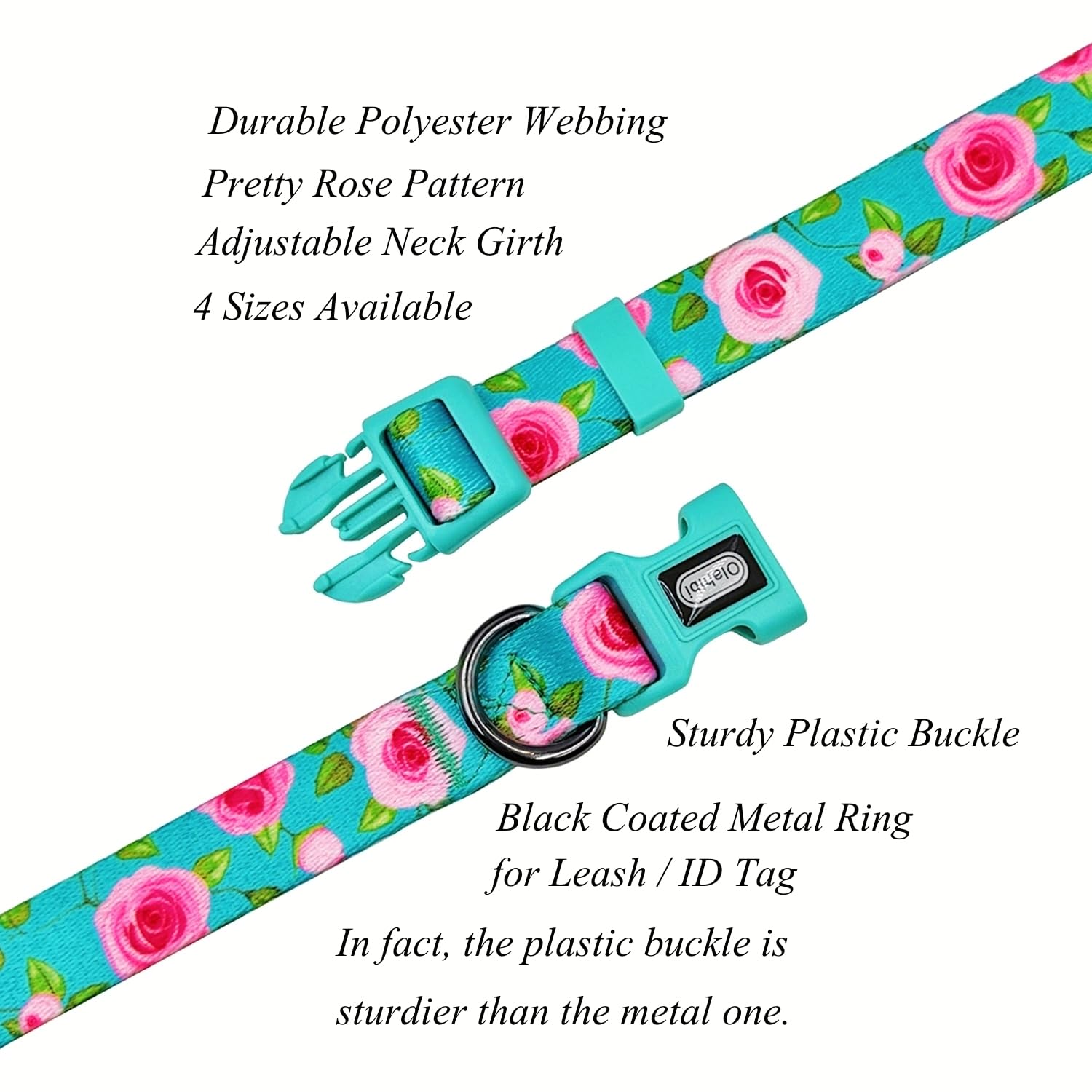 Olahibi Dog Collar And Leash Set, Rose Pattern, Polyester Material, 5Ft Matching Leash, For Medium Dogs.(M, Green Rose Set)