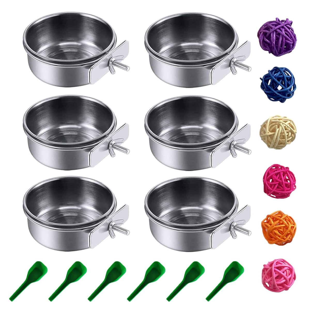 Pinvnby 6 Pieces Stainless Steel Bird Feeding Dish Cups,Parrot Feeder Parakeet Food Water Bowls With Clamp Holder & 6 Pcs Bird Spoon & 6 Pcs Birds Ball Toys For Budgies Macaw Small Animal(S)