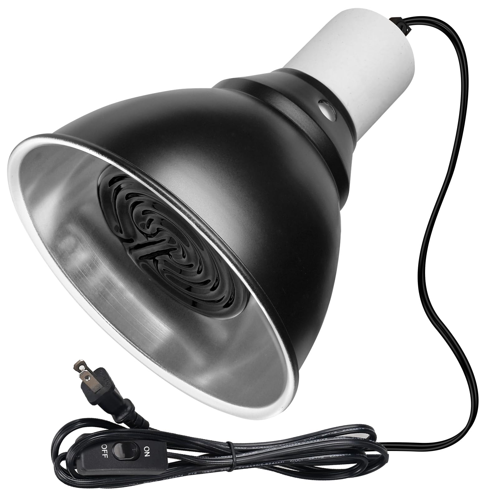 BOEESPAT Reptile Lamp Fixture - 5.5" Deep Dome, White, Aluminium Alloy, Compatible with 60W-150W Heat Bulbs, Switch Included