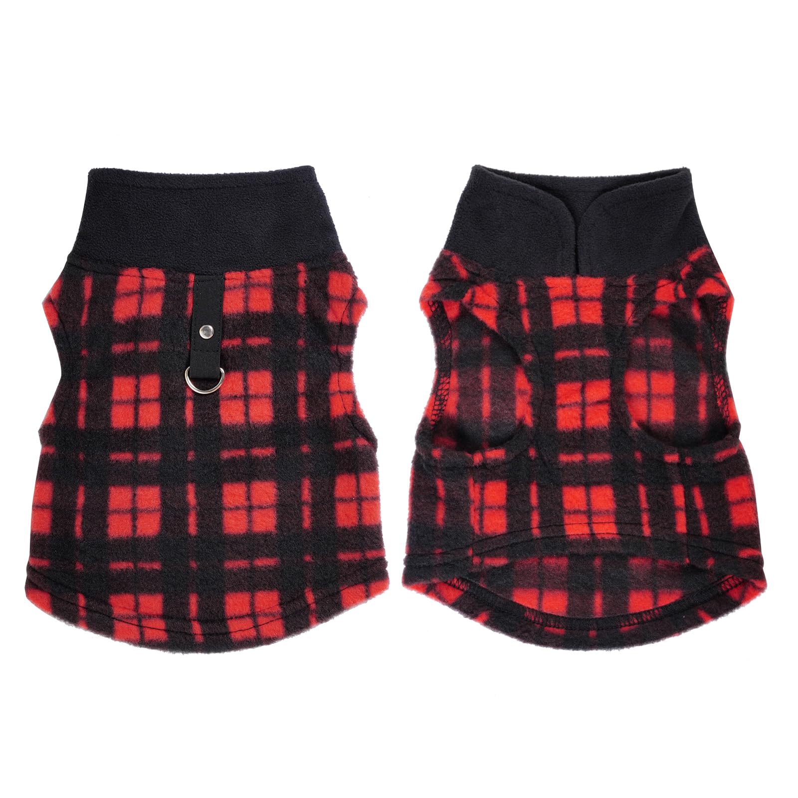 Rbenxia Plaid Dog Sweater With Leash Ring - Soft Fleece Vest Pullover Jacket For Small Puppy & Cat Pets (Black & Red, X-Small)