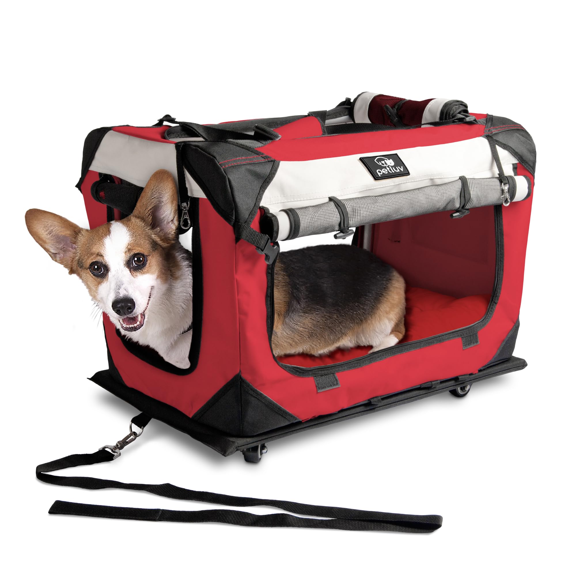 Petluv Large Cat Carrier On Wheels, Dog Carrier For 2 Cats Or Medium Dog, Soft-Sided, Collapsible With Locking Zippers, Red