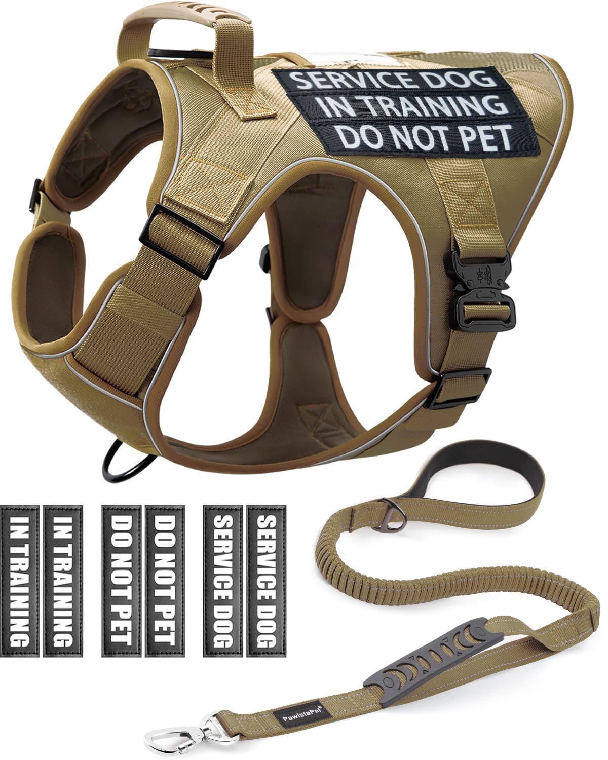 Reflective Service Dog In Training Vest Harness Leash Set For Extra Large Dogs, Adjustable Heavy Duty Brown Padded Dog Harness, 