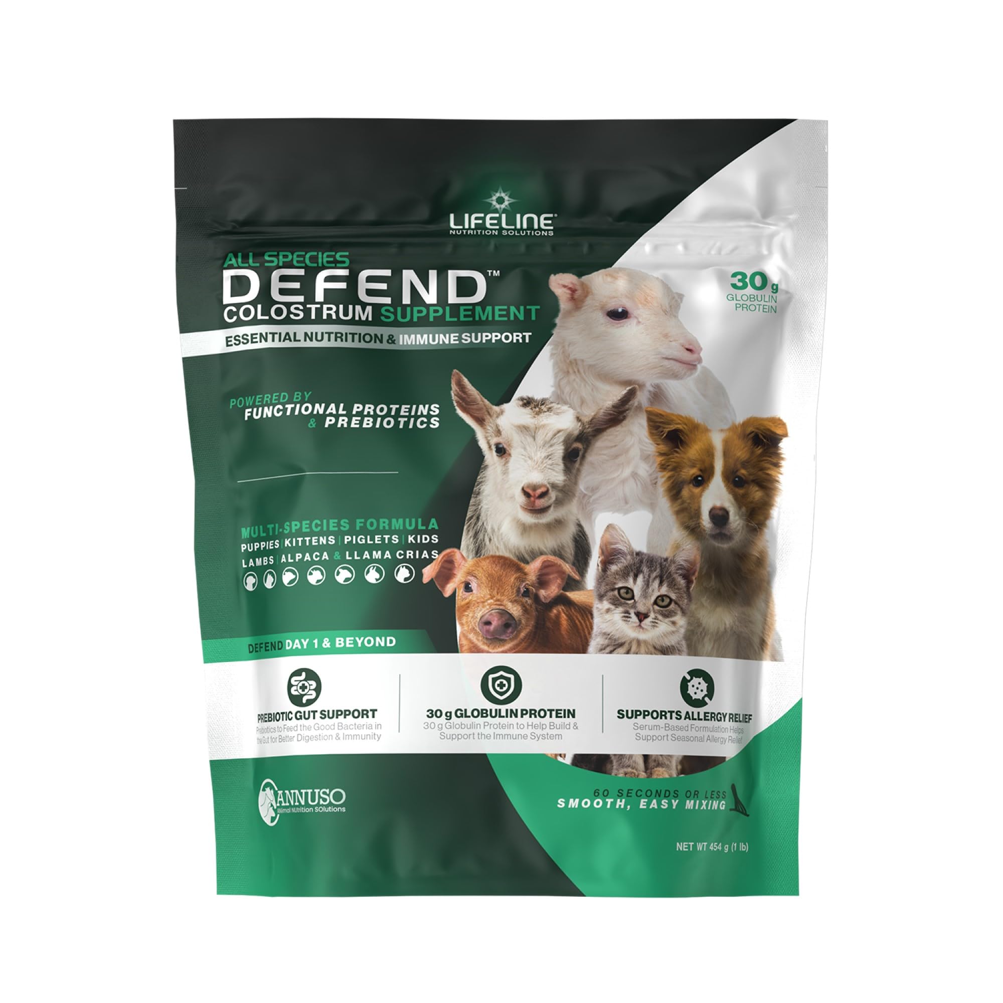 ANNUSO LIFELINE Defend All Species Colostrum Supplement, 1lb Bag - 30g Globulin Protein - Prebiotics, Immune & Gut Support - for