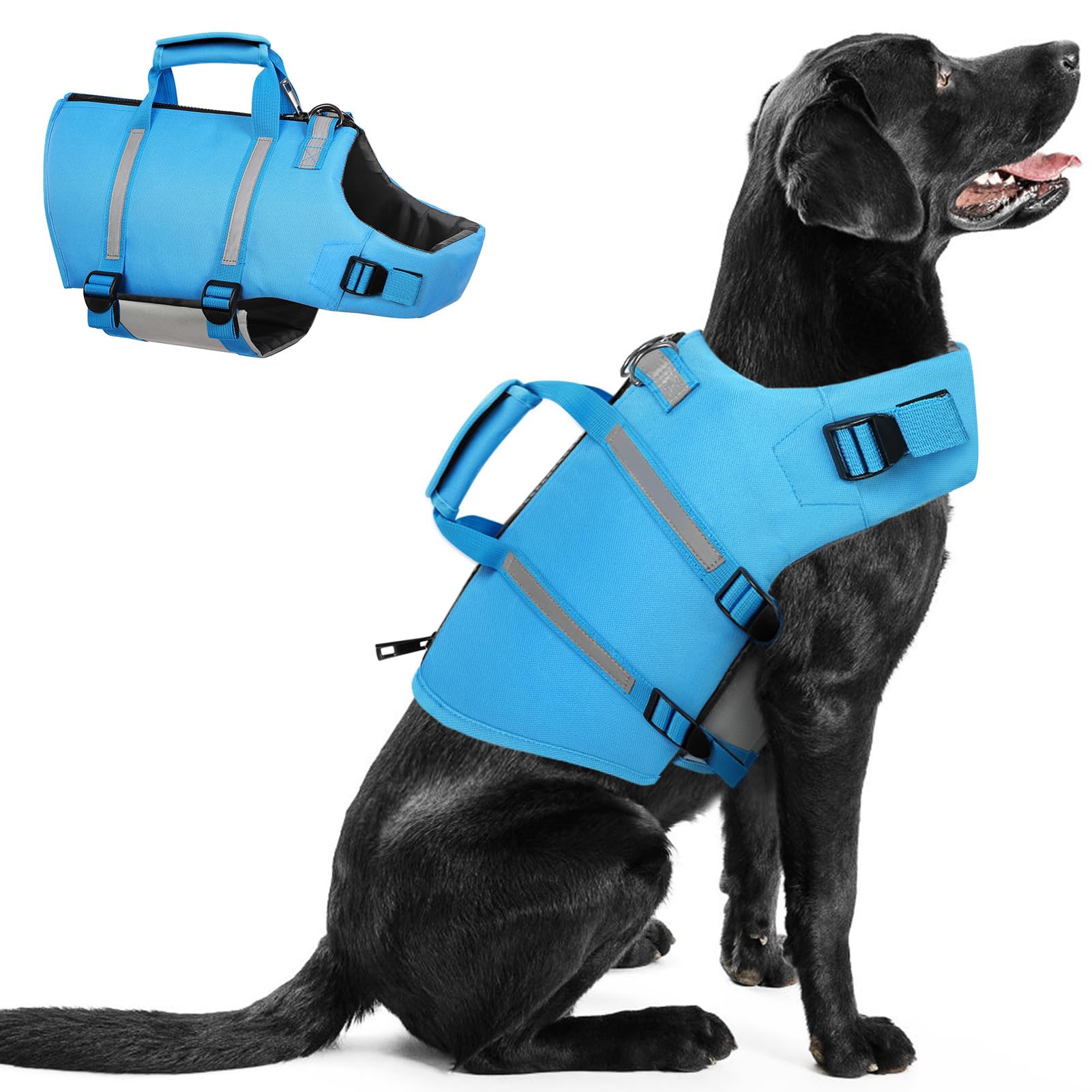 Queenmore Large Dog Swimming Life Jacket With Back Zip, Rescue Handle, Hook (Blue L)