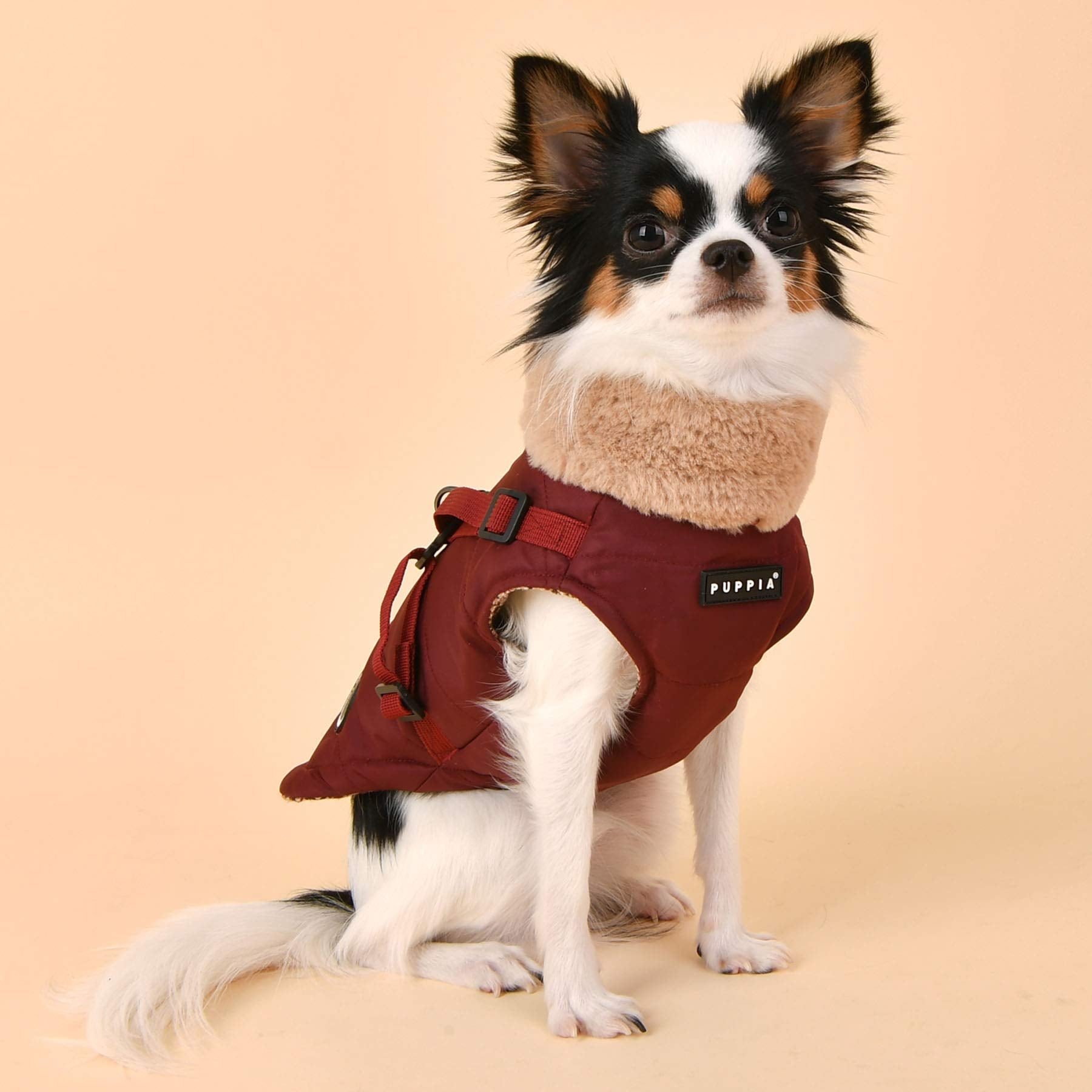 Puppia Donavan Winter Dog Coat With Integrated Harness No Pull Cold Weather Waterproof Warm Fleece Back Zipper For Small & Medium Dog, Wine, Large