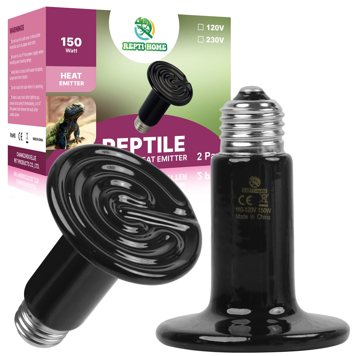 Repti Home 150W Ceramic Heat Emitter (2 Pack), Reptile Heat Lamp Bulbs, Ceramic Heater For Amphibian, Pet Brooder Coop, Chicken, Dog, Cat