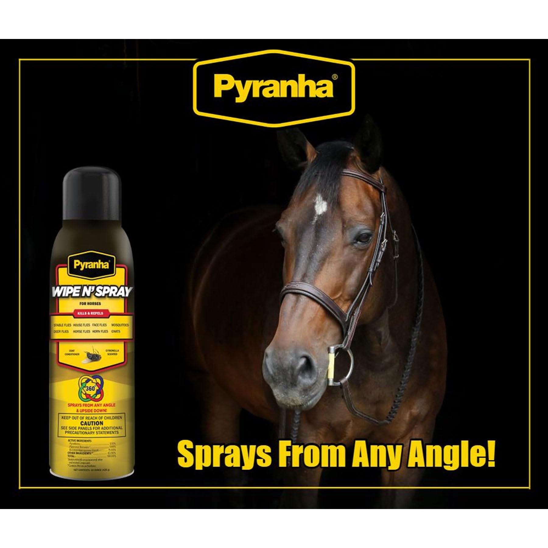 PYRANHA Wipe N Spray for Horses - Oil-Based Long Lasting Fly Control Repels Horn, Deer, Horse, House, Stable, & Face Flies, Tic