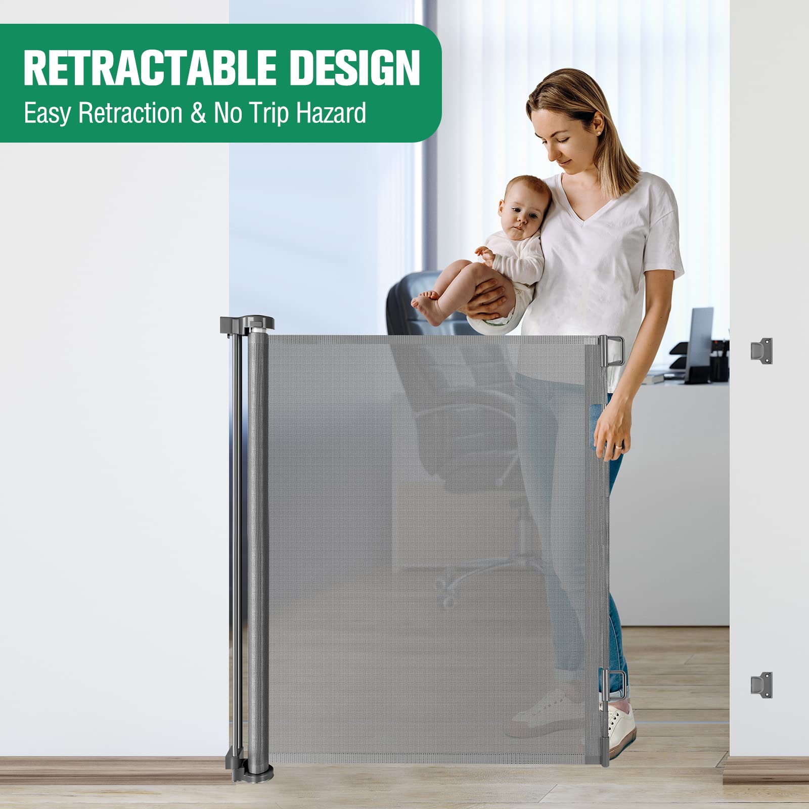 KISKIZ 42-Inch Extra Tall Retractable Baby Gate, 56 Wide, Gray, Adjustable Indoor/Outdoor Dog Gate for Doorways and Stairs