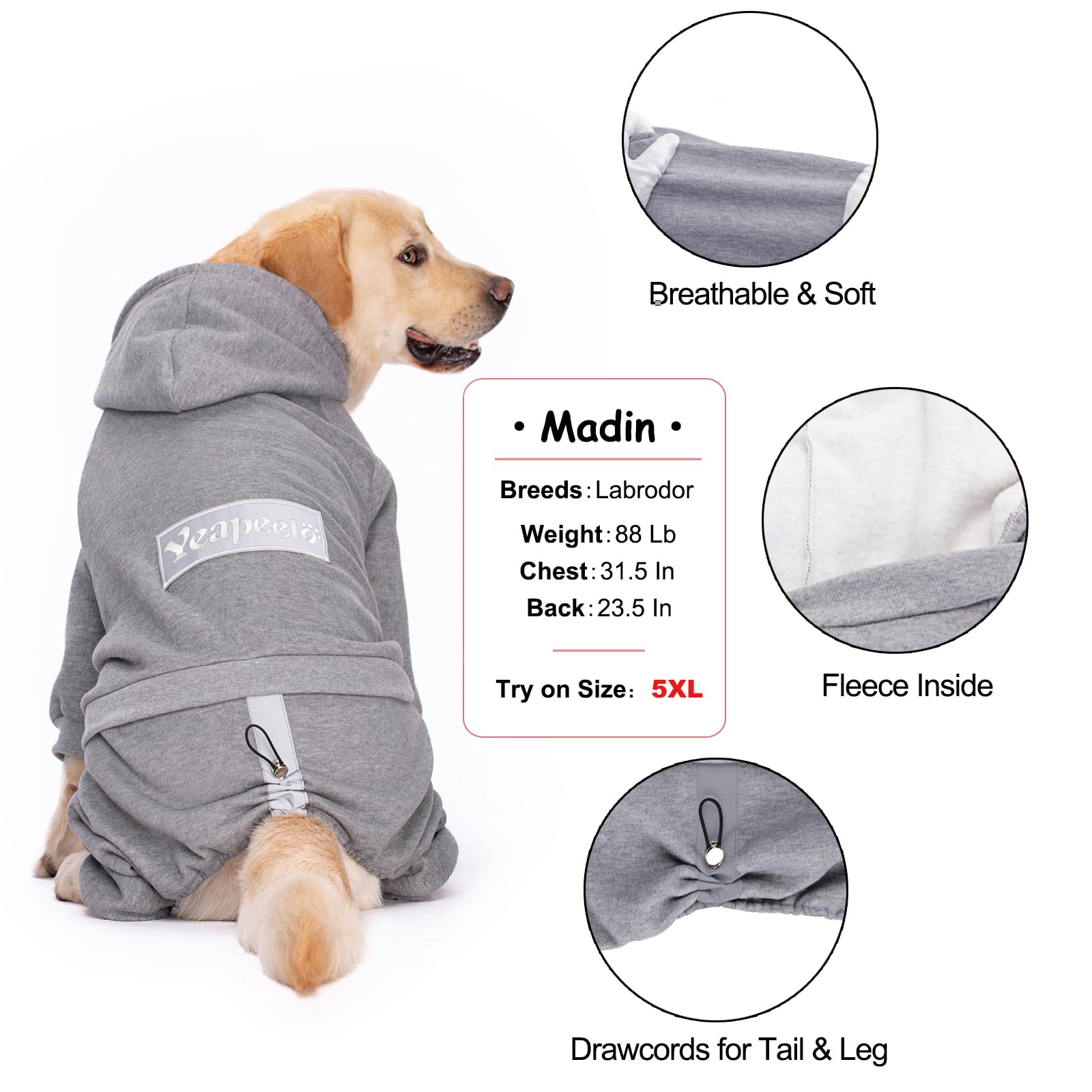 Dog Hoodies Winter Pullover For Large Medium Dogs, 4 Legs Warm Coat Hooded Sweatshirt, Fleece Hoodie For Cold Weather (Grey, 2X-