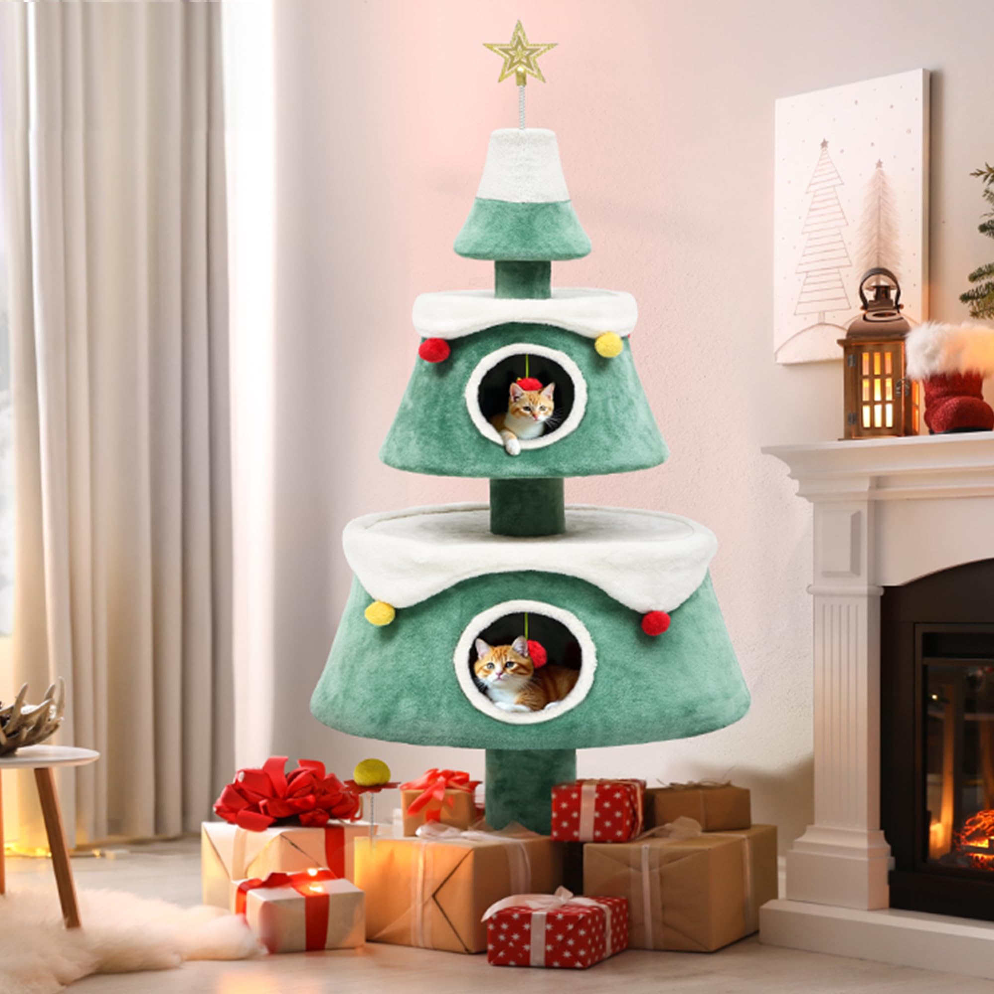 Dwvo 52'' Christmas Cat Tree With 2-Storey Cat House, Cat Tower With Cat Teaser Plaything For Indoor Cats, Cat Furniture For Chr