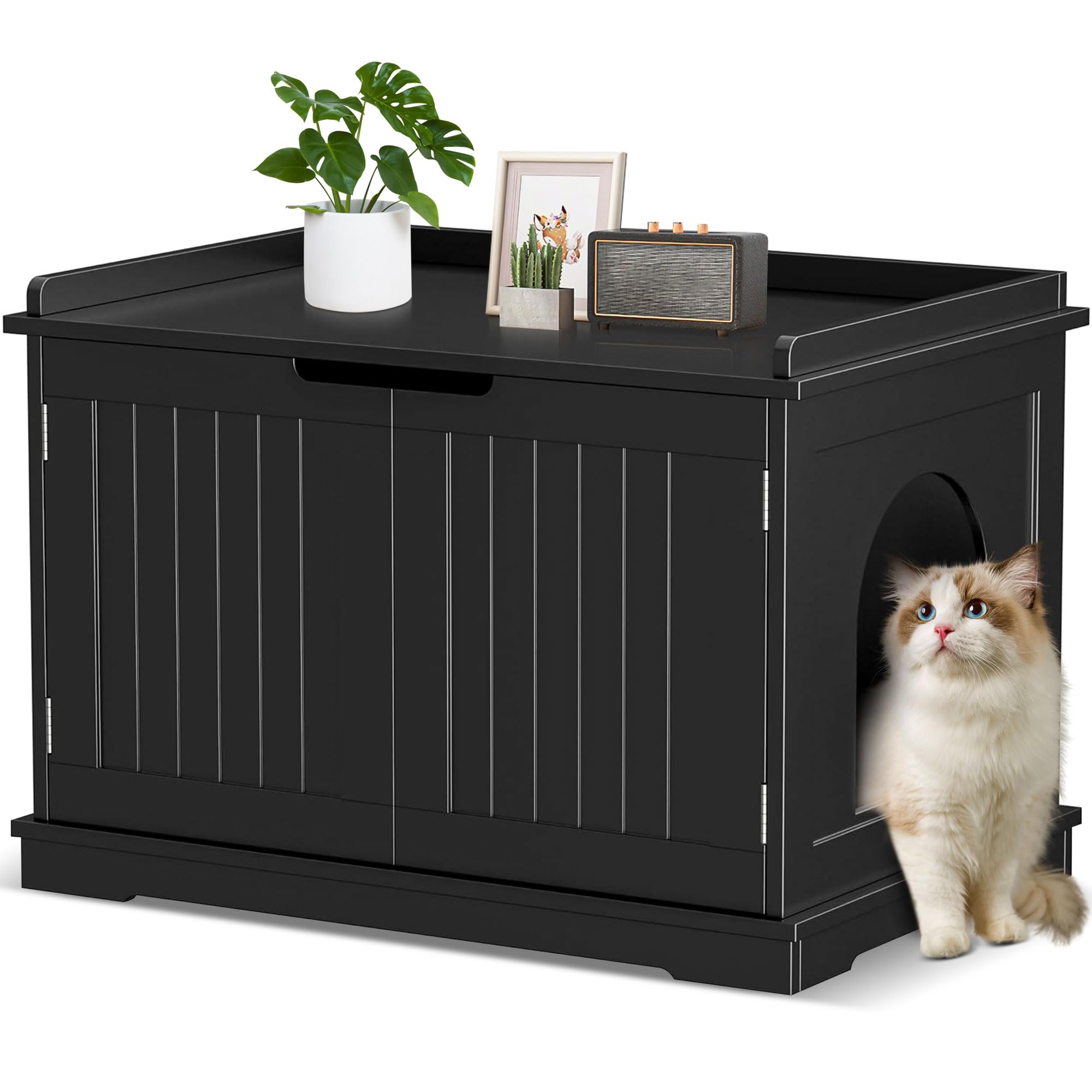 Cat Litter Box Enclosure Furniture Hidden Wooden Washroom Litter Box Cabinet, Indoor Cat House With Removable Divider, As Table 