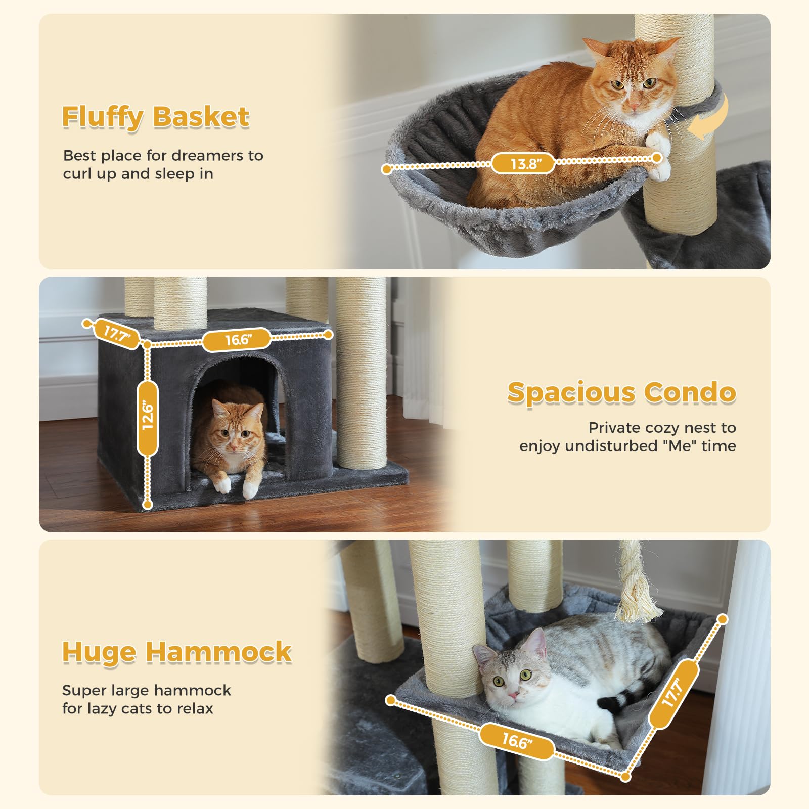 UYMI Cat Tree 67" Heavy-Duty XXL Tower with 13 Scratching Posts, Spacious Condo & Hammock, Grey - Model AM01-AMT0268GY-FBM