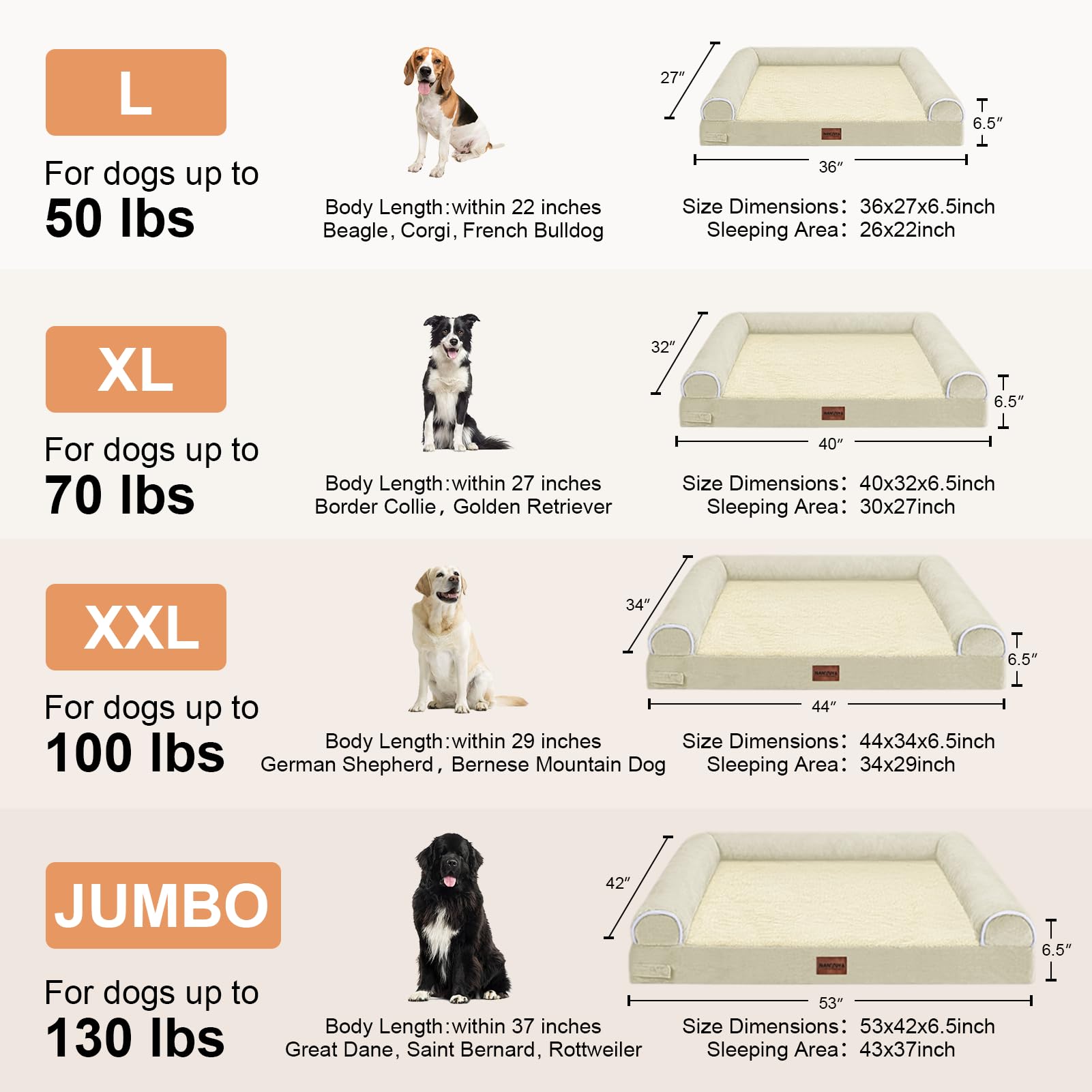 Large Dog Bed Orthopedic Washable: Jumbo Dog Bed Bolster Extra Large Dogs Egg Crate Foam Sofa Couch Waterproof Removable Cover - Beige