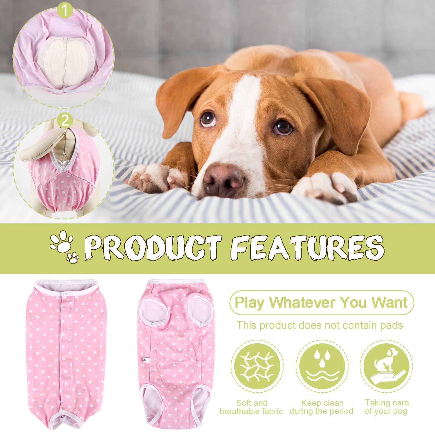 Etdane Dog Diapers Sanitary Panties Physiological Period Shirts Surgical Recovery Suits For Male And Female Dogs Pink Polka Dots