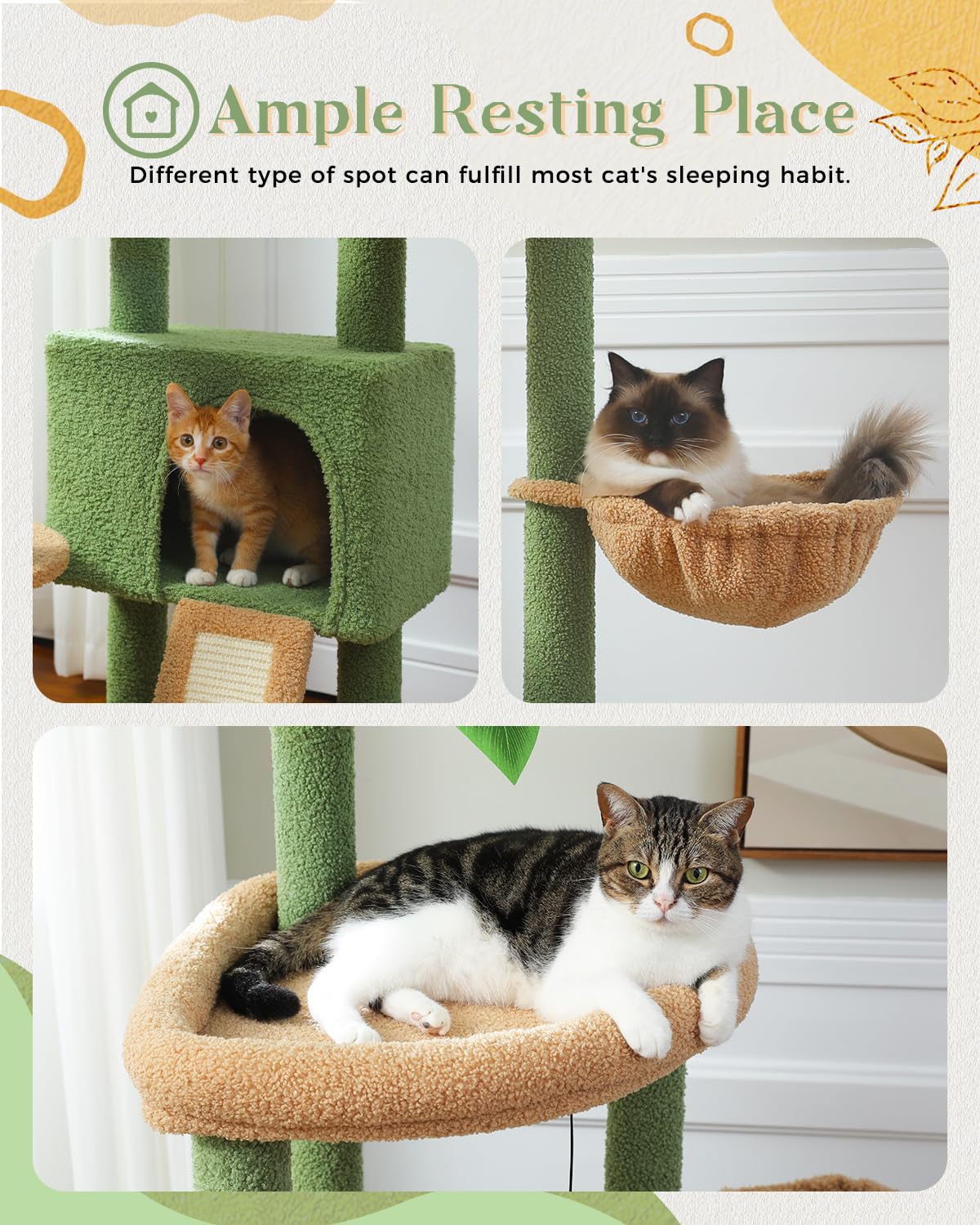 Pequlti 53'' Cat Tree For Indoor Cats, Large Condo, Sisal Scratching Posts, Hammock & Perch, Fresh Cactus Design, Sturdy, Multi-