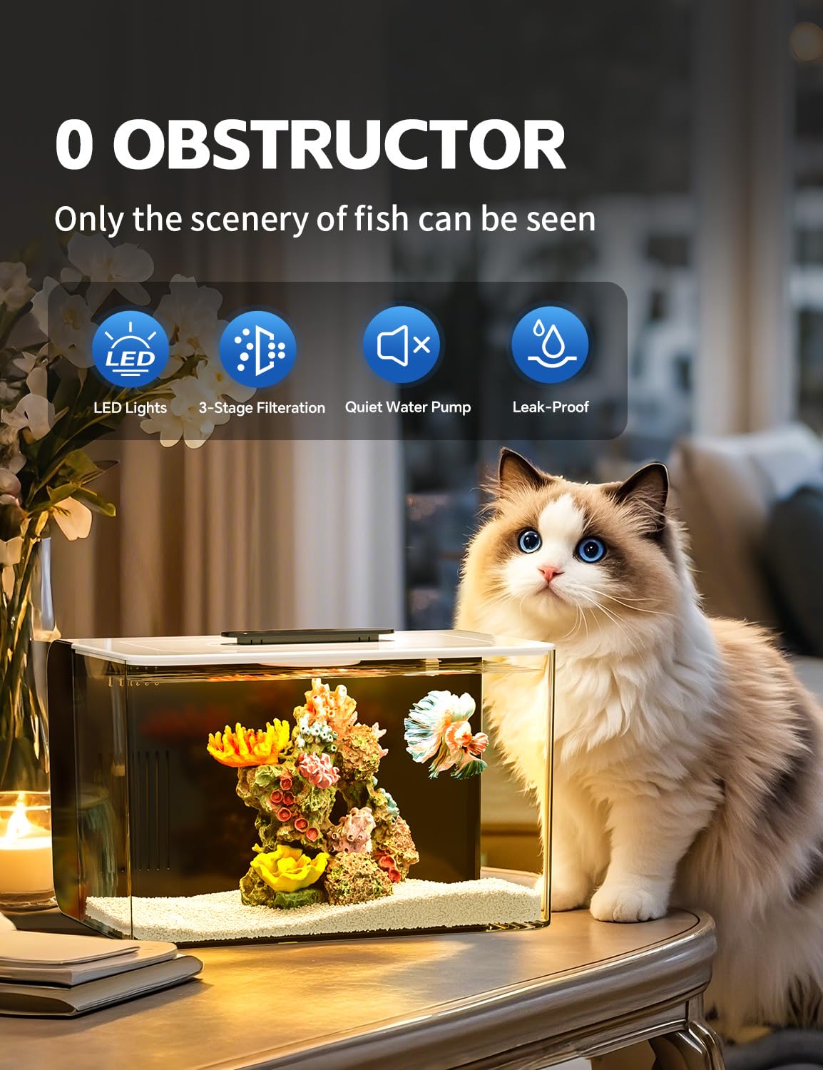 2.5 Gallon Fish Tank Small Aquarium Starter Kit With Hidden Filtration, 3 Color Light, Self Cleaning Nano Tank For Betta, Shrimp