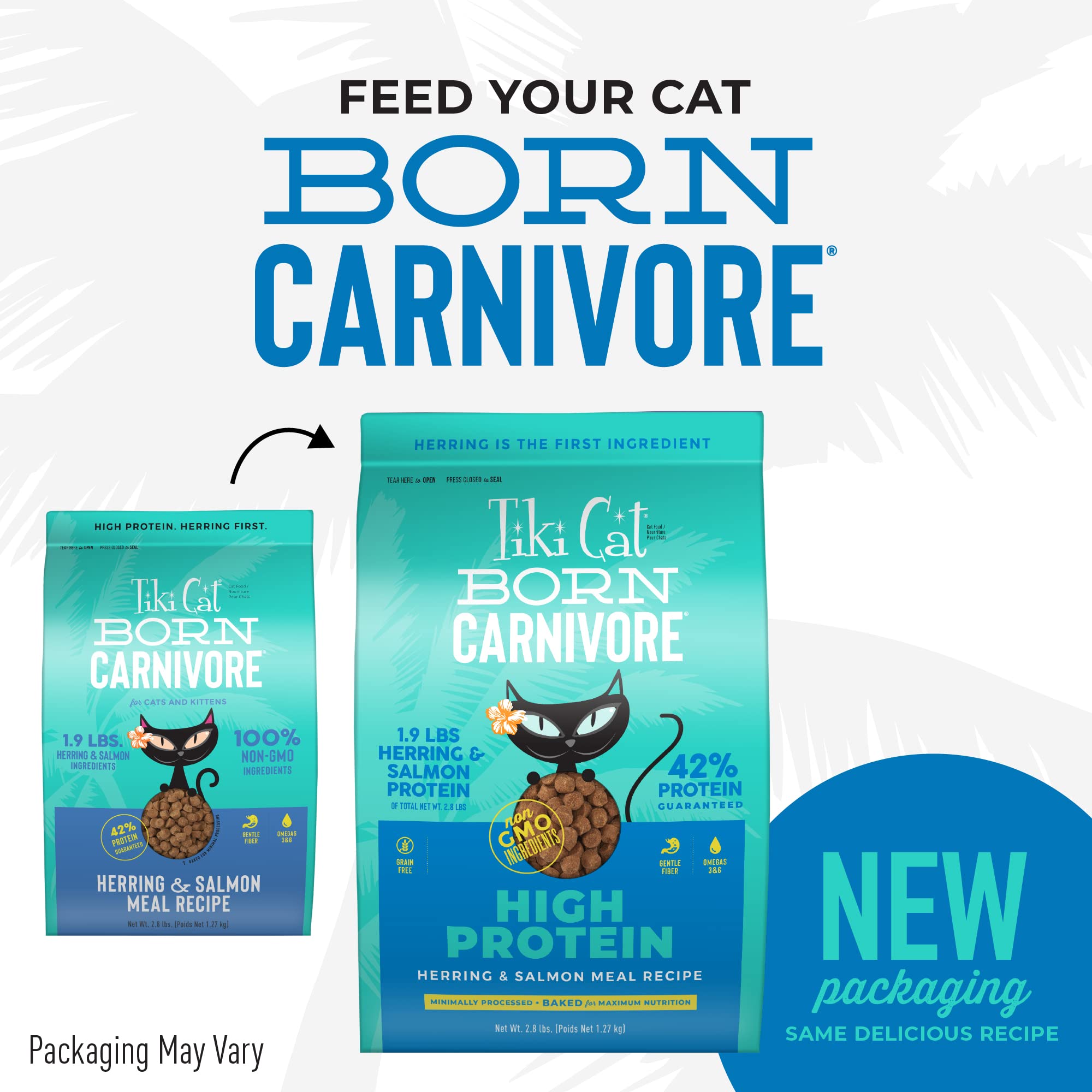 Tiki Cat Born Carnivore High Protein, Herring & Salmon Meal, Grain-Free Baked Kibble to Maximize Nutrients, Dry Cat Food, 2.8 lb