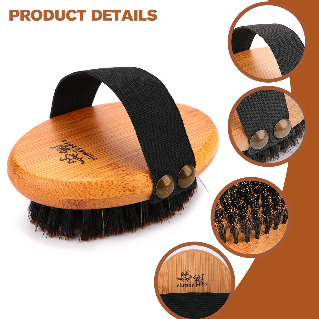 Clumsy Pets Bamboo Grooming Palm-Held Pets Brush With Boar Bristles & Elastic Band For Dog Cat Shower Bath And Massage