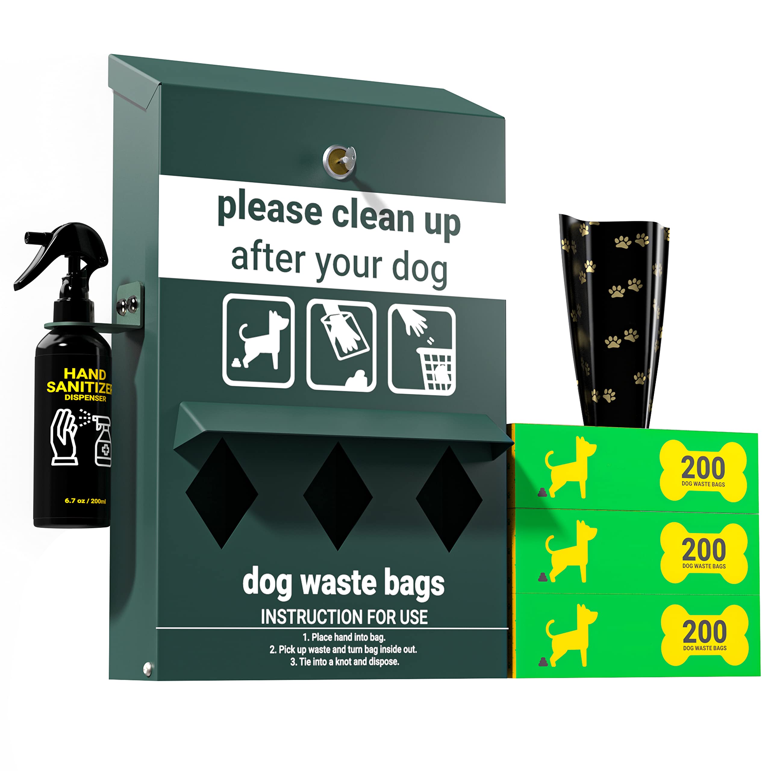 Flash Furniture Kessler Locking Dog Waste Bag Dispenser With Glow In The Dark Sign, Hand Sanitizer Bottle And Rain Guard - 600 R