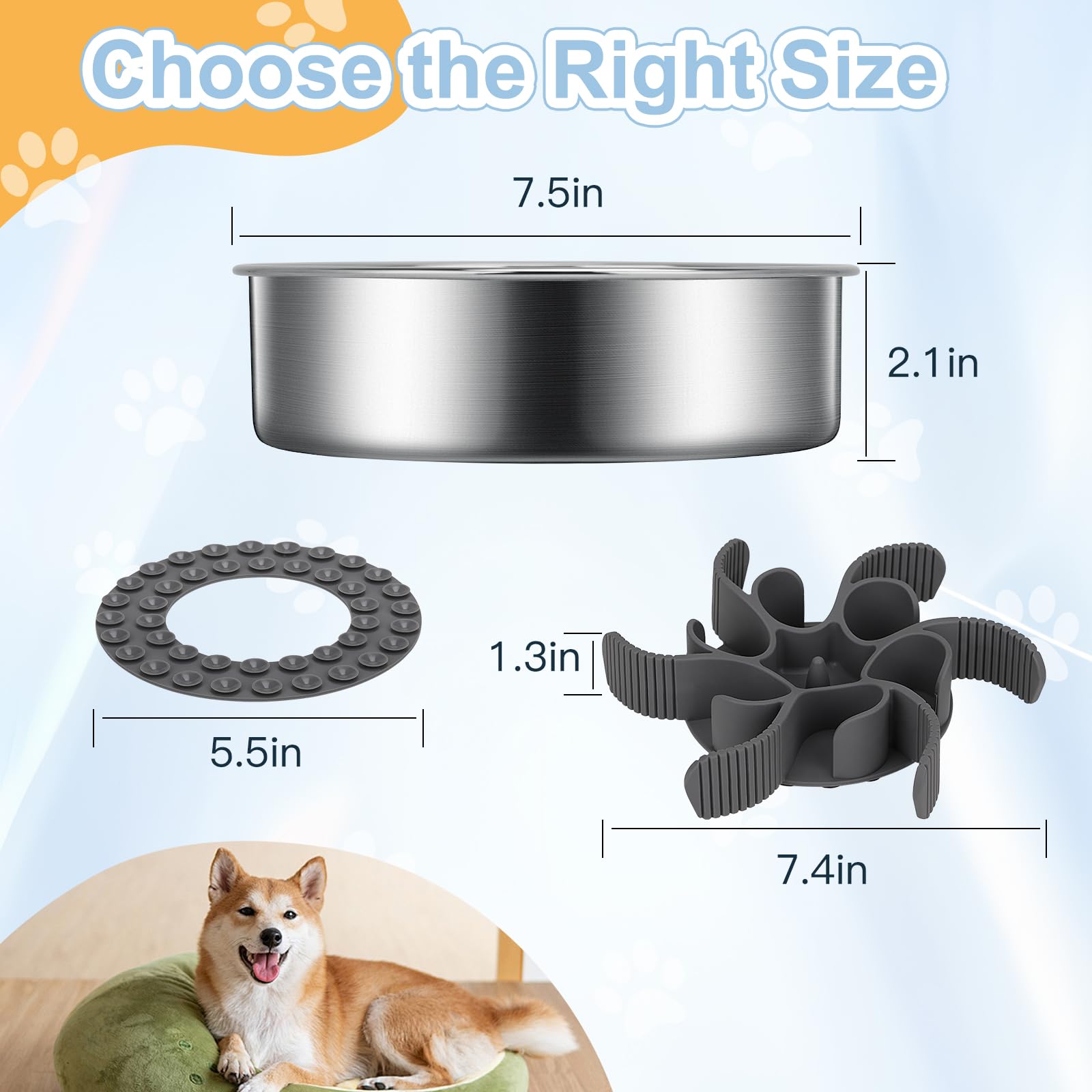 2-In-1 Slow Feeder Dog Bowls, Stainless Steel Pet Bowls With Silicone Feeder Insert, Removable Non-Slip Rubber Base For Dogs To