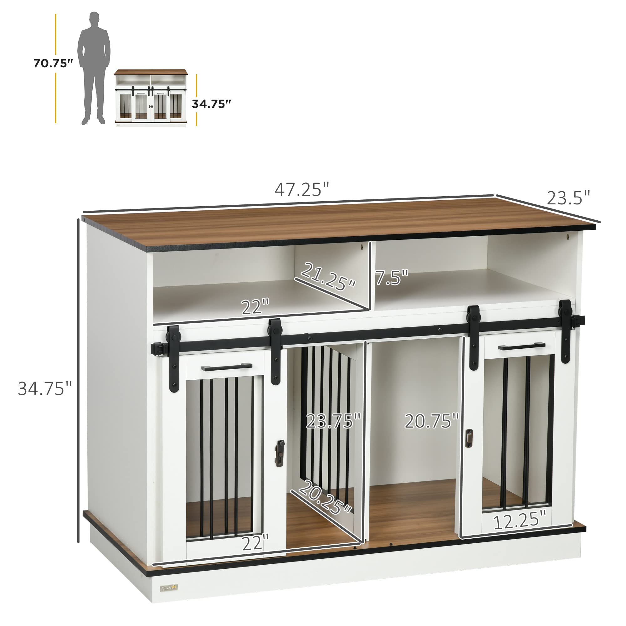 PawHut Dog Crate Furniture for Large Dogs or Double Dog Kennel for Small Dogs with Shelves, Sliding Doors, 47 x 23.5 x 35, White
