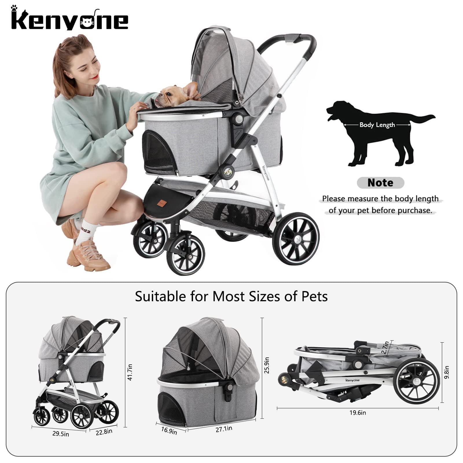 Kenyone Pet Stroller, 3 in 1 Multifunction Pet Travel System 4 Wheels Foldable Aluminum Alloy Frame Carriage for Small Medium Do