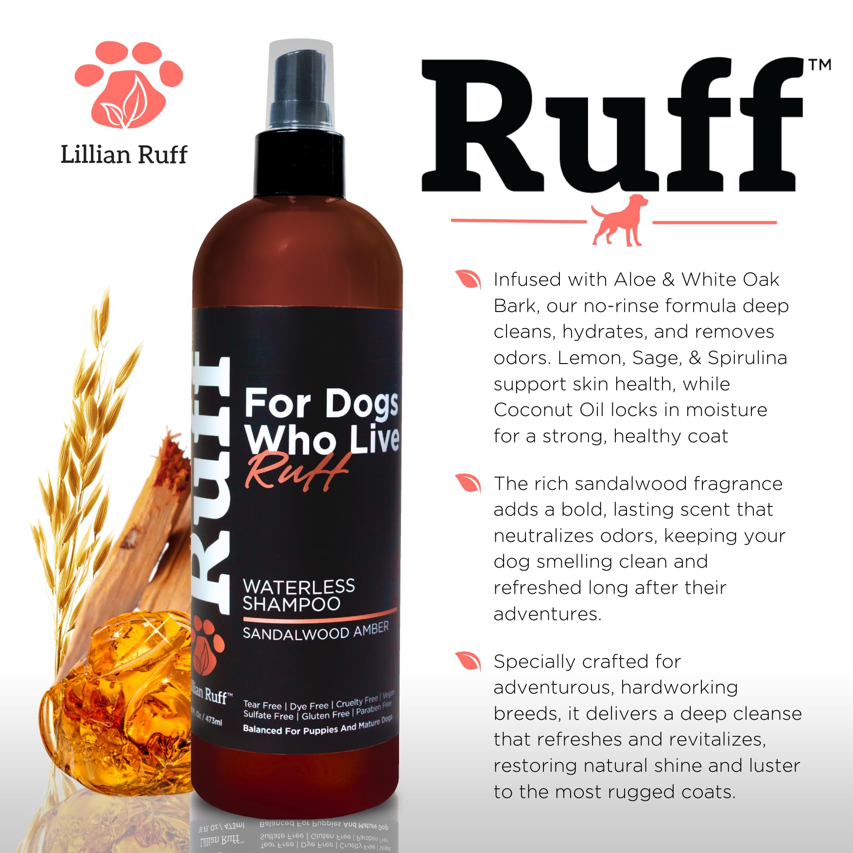 Ruff by Lillian Ruff No-Rinse Waterless Dog Shampoo Spray | Sandalwood Amber | Pet Deodorizer | for Cleaning, Conditioning, Deta