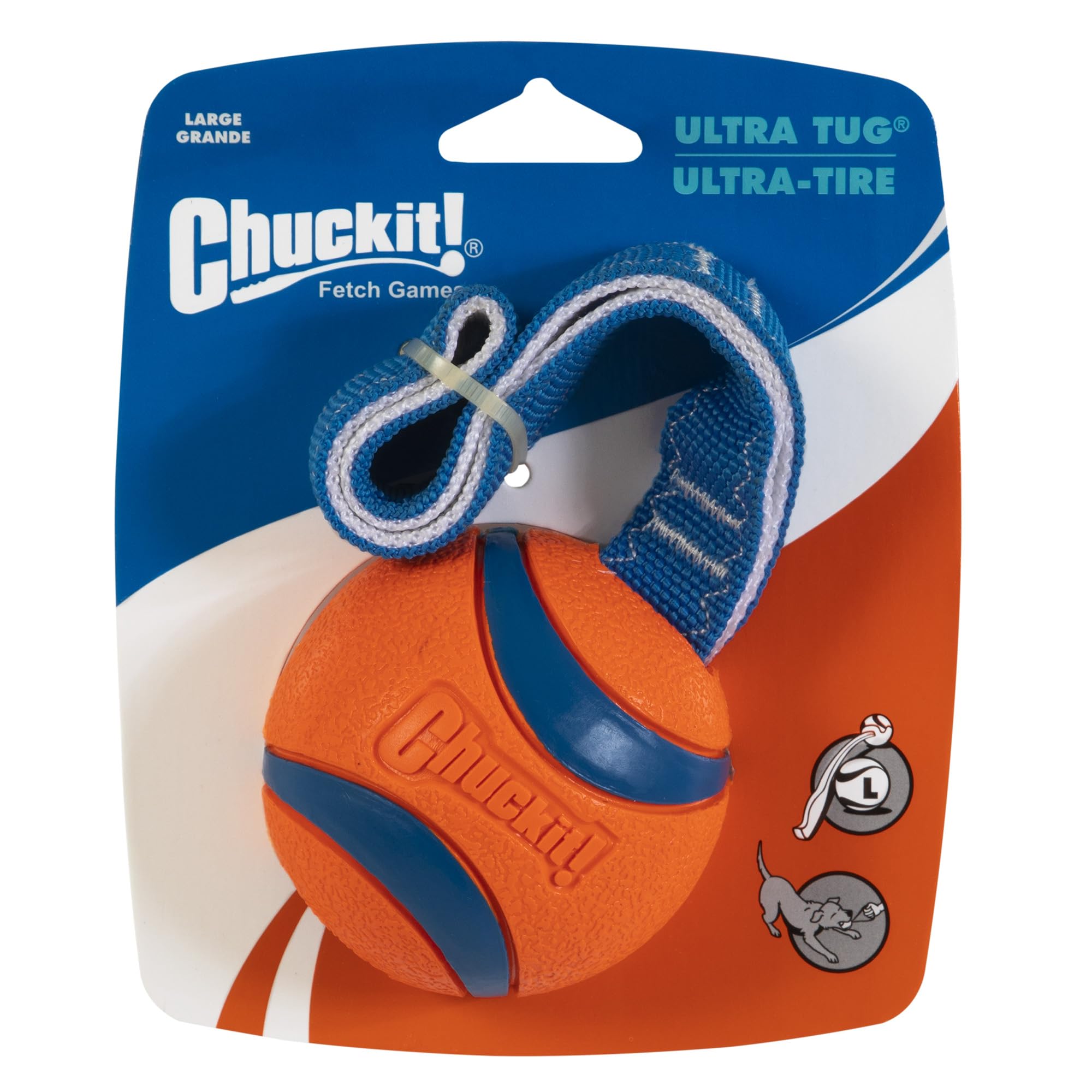 Chuckit! Ultra Tug Dog Toy - Ultra Ball On A Durable Nylon Cord Handle - Fetch And Tug-Of-War Toy For Dogs - Size Large - For Breeds 60-100 Lbs - 3-Inch Diameter - Orange And Blue