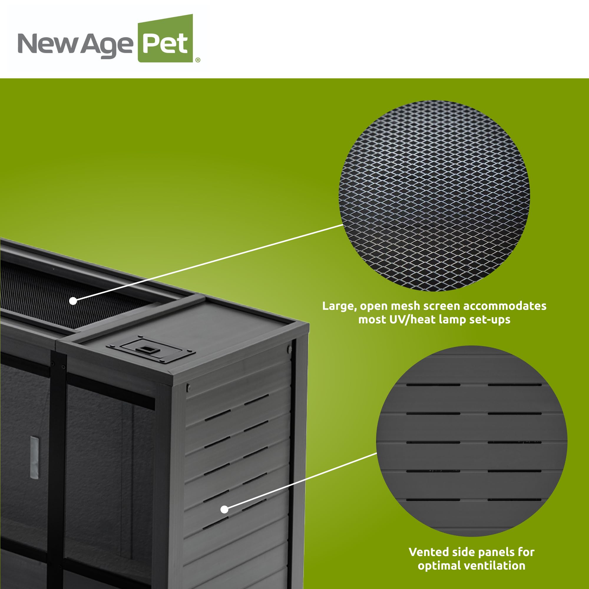 New Age Pet ECOFLEX Reptile Lounge, Extra Large, Espresso Black, Durable Wood Plastic Composite, Vented Panels, Sliding Glass Doors