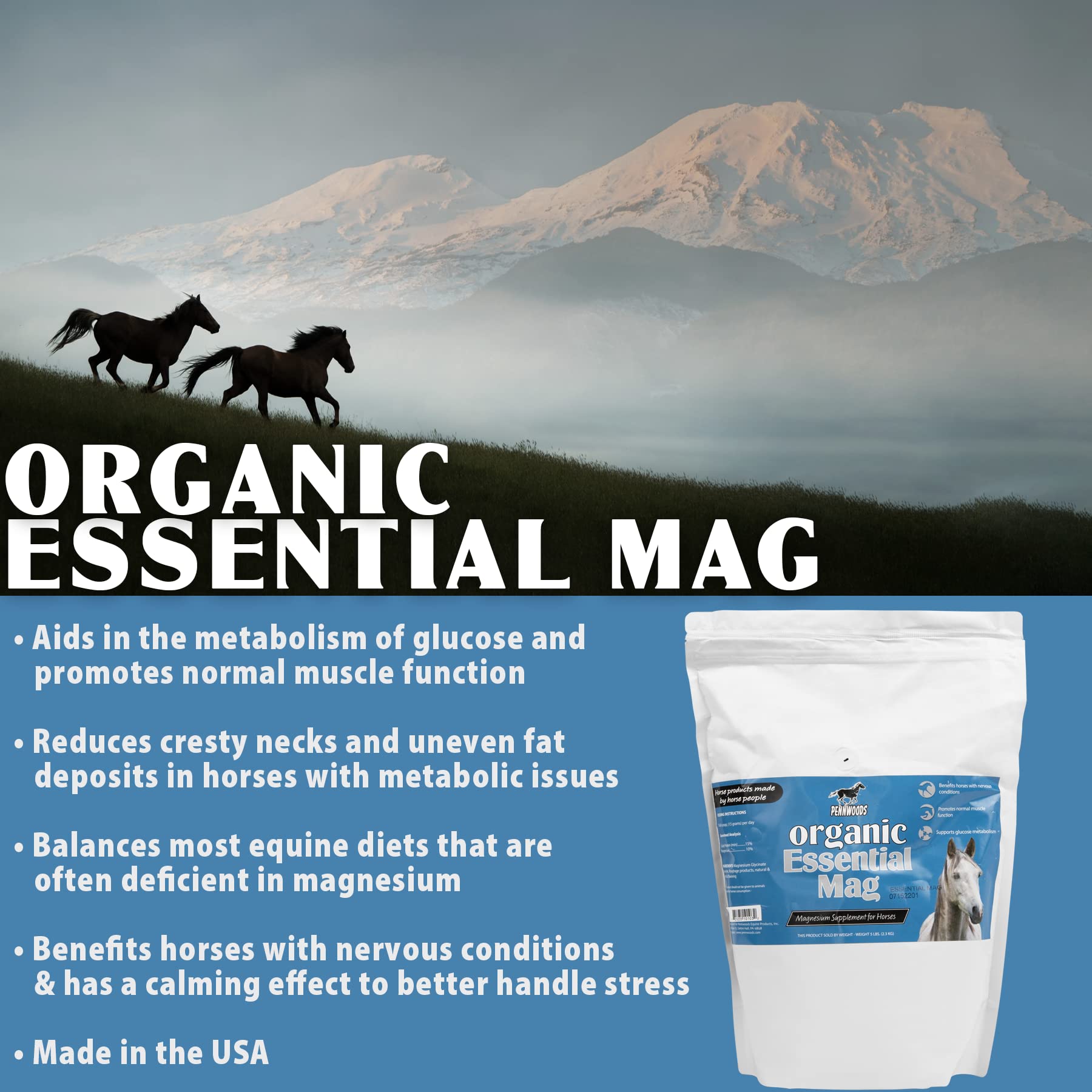 Pennwoods Organic Essential Mag, Magnesium for Horses Supplement, Aids in Glucose Metabolism, Reducing Stress and Provides Calm