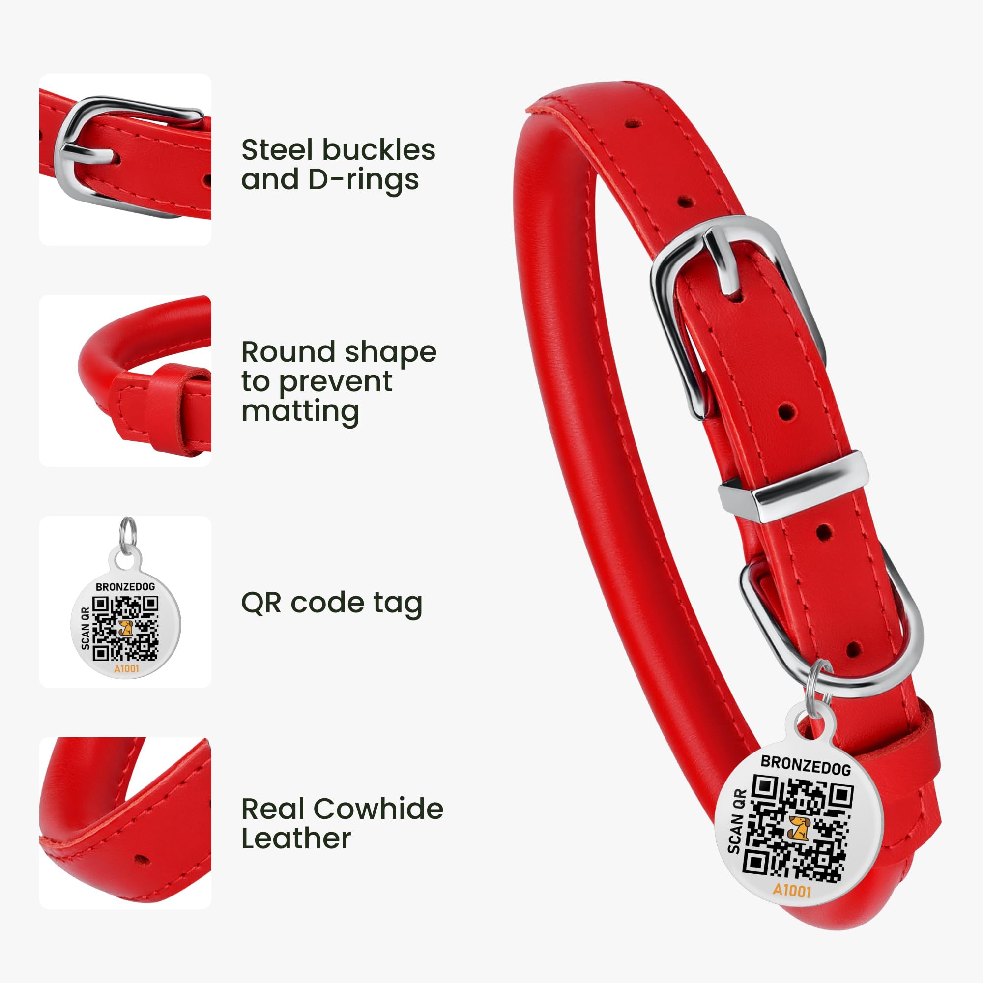Bronzedog Rolled Leather Dog Collar For Small Medium Large Dogs With Qr Id Tag (L: 16-18 Inch, Scarlet Red)